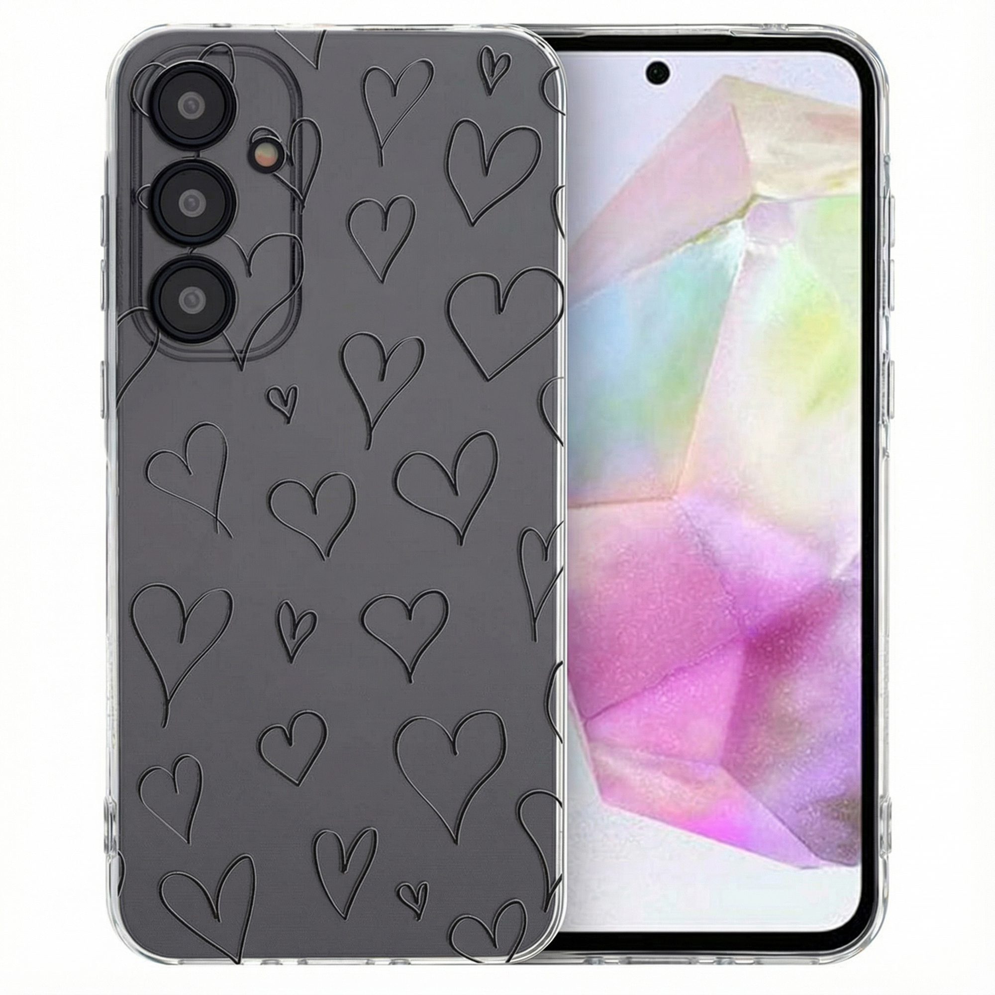 Coque de téléphone grise à motif de cœur et trois objectifs de caméra. L'écran est lumineux.