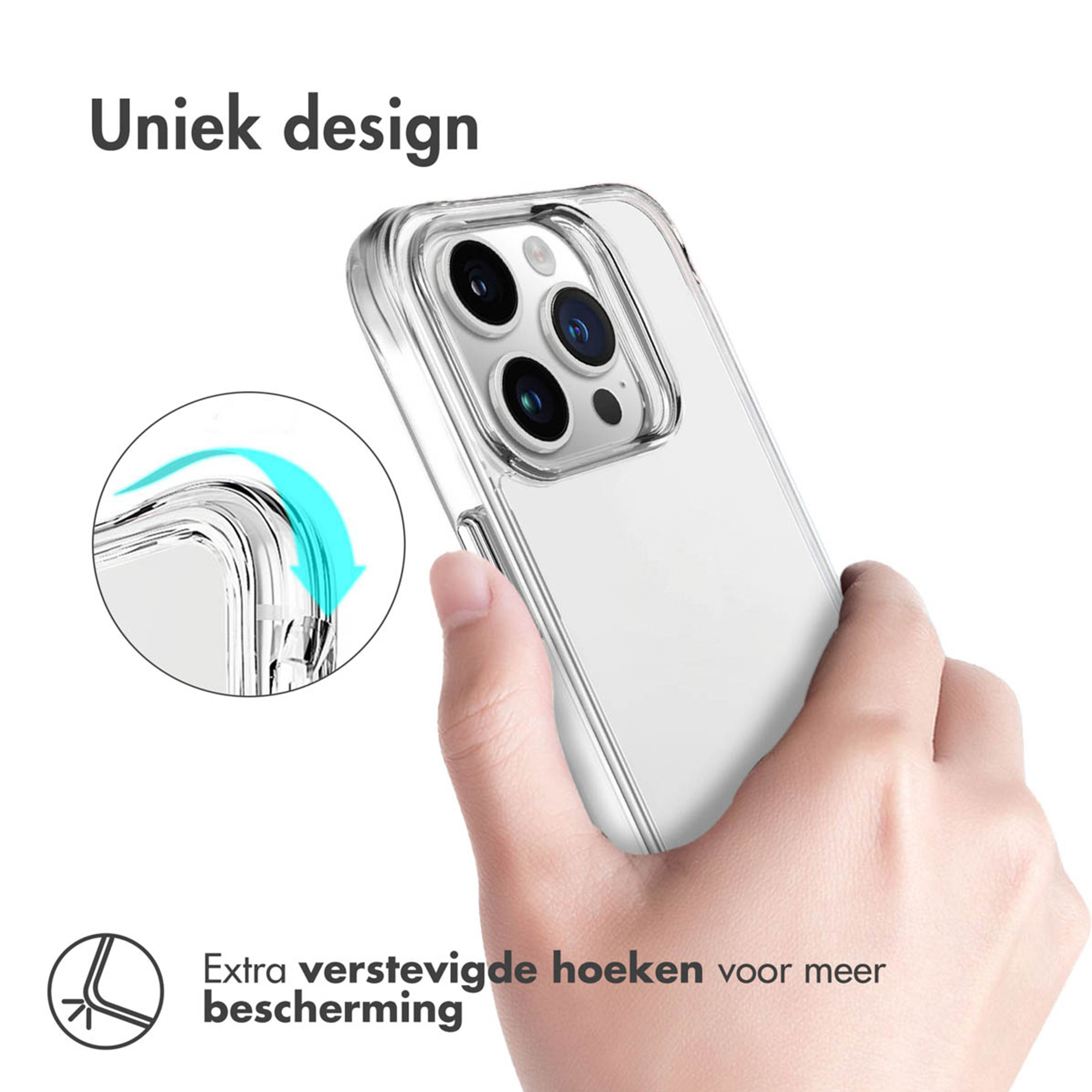 Hand holding a clear phone case with reinforced corners.