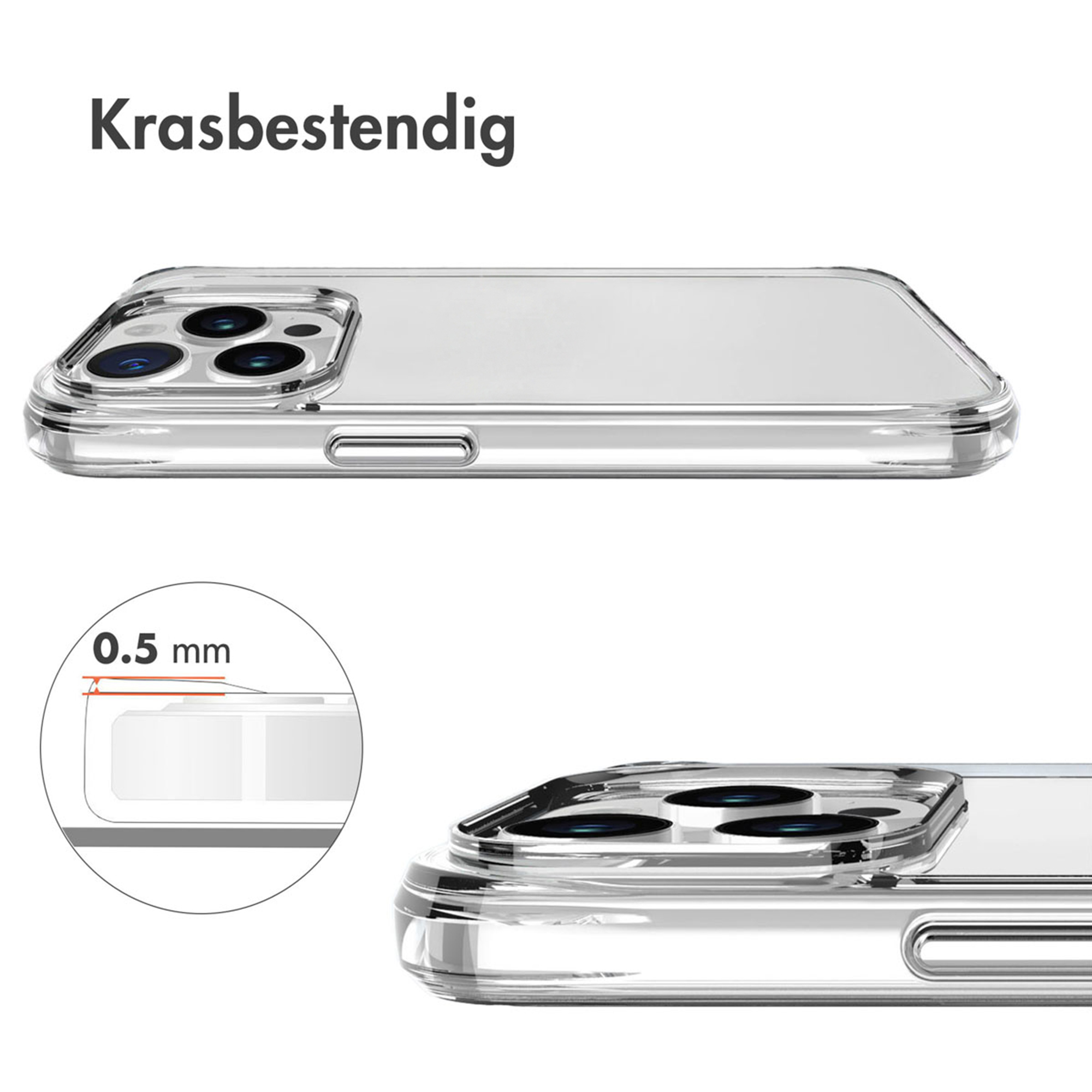 Clear phone case with camera close-up and 0.5 mm thickness.