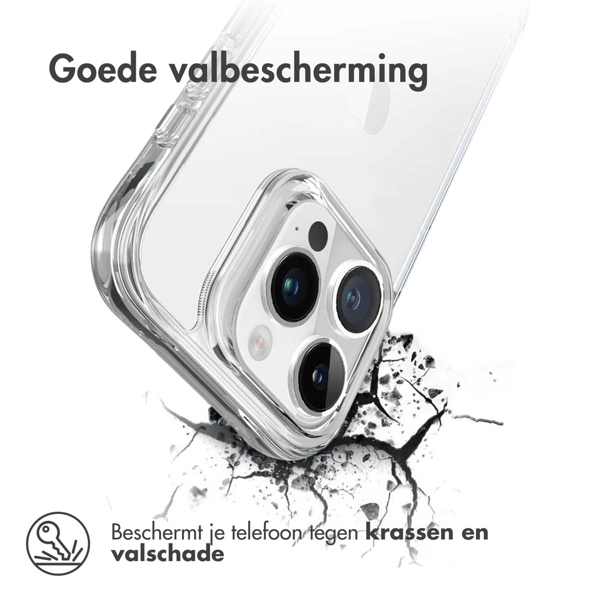 Clear phone case protects from drops, with cracks on the floor.