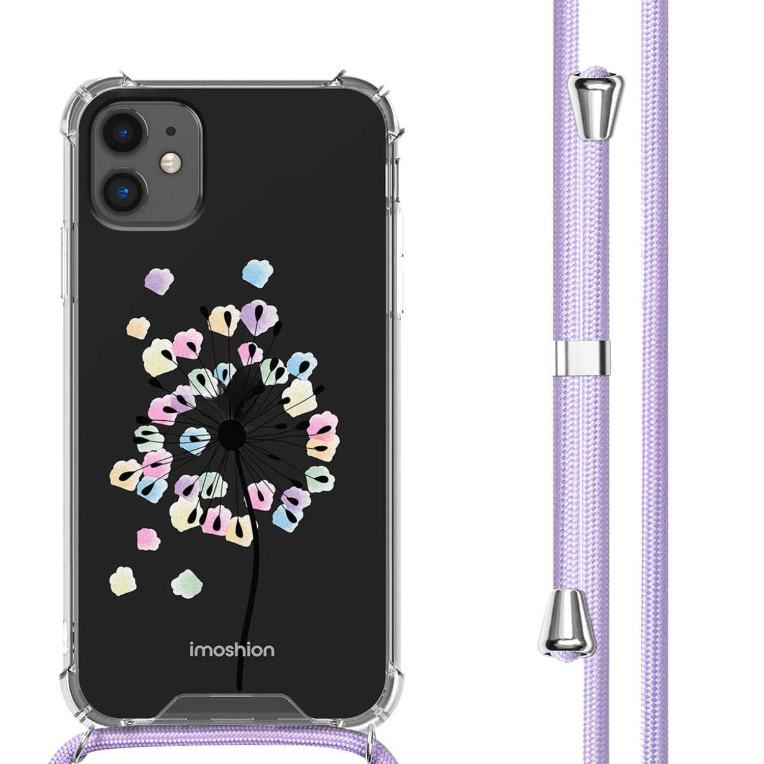 Coque de téléphone noire avec motif pissenlit et cordon lavande.