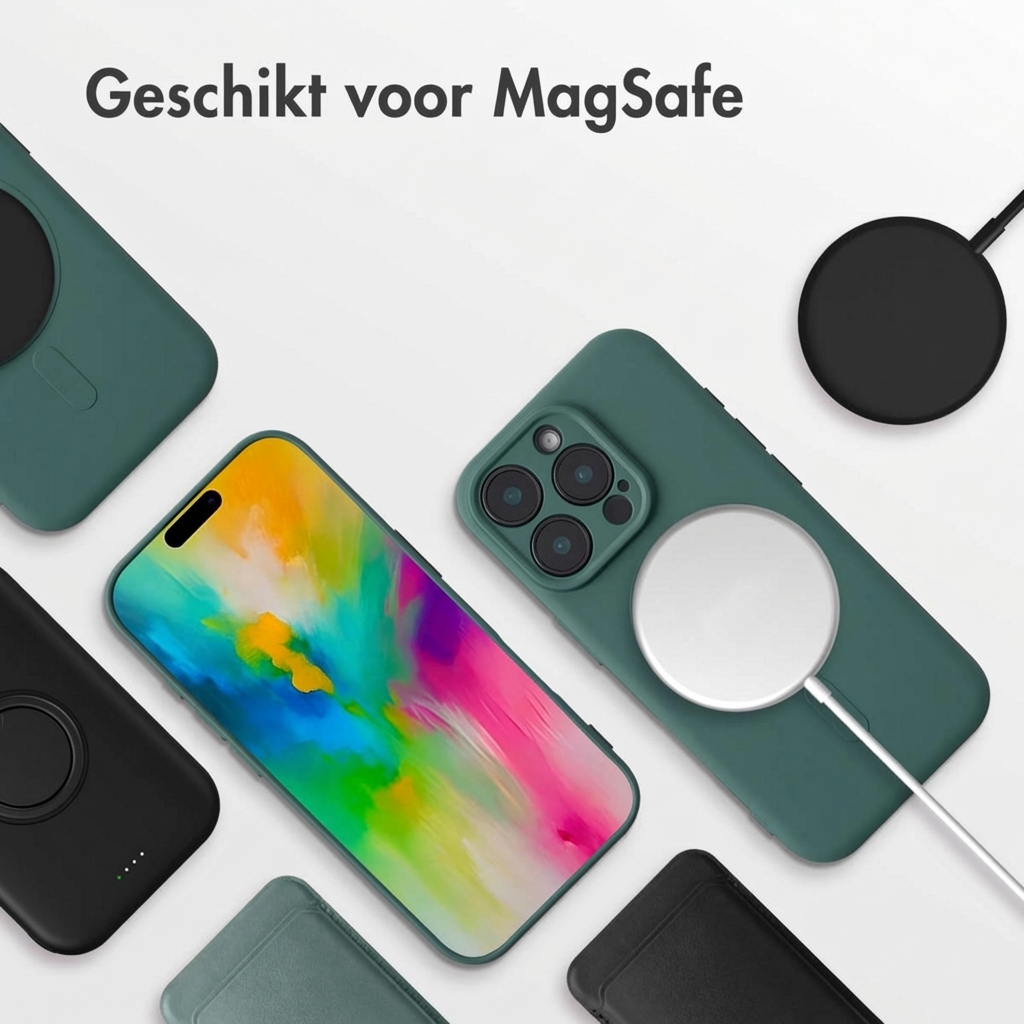 iPhone met MagSafe oplader en hoesjes. Tekst: Geschikt voor MagSafe.