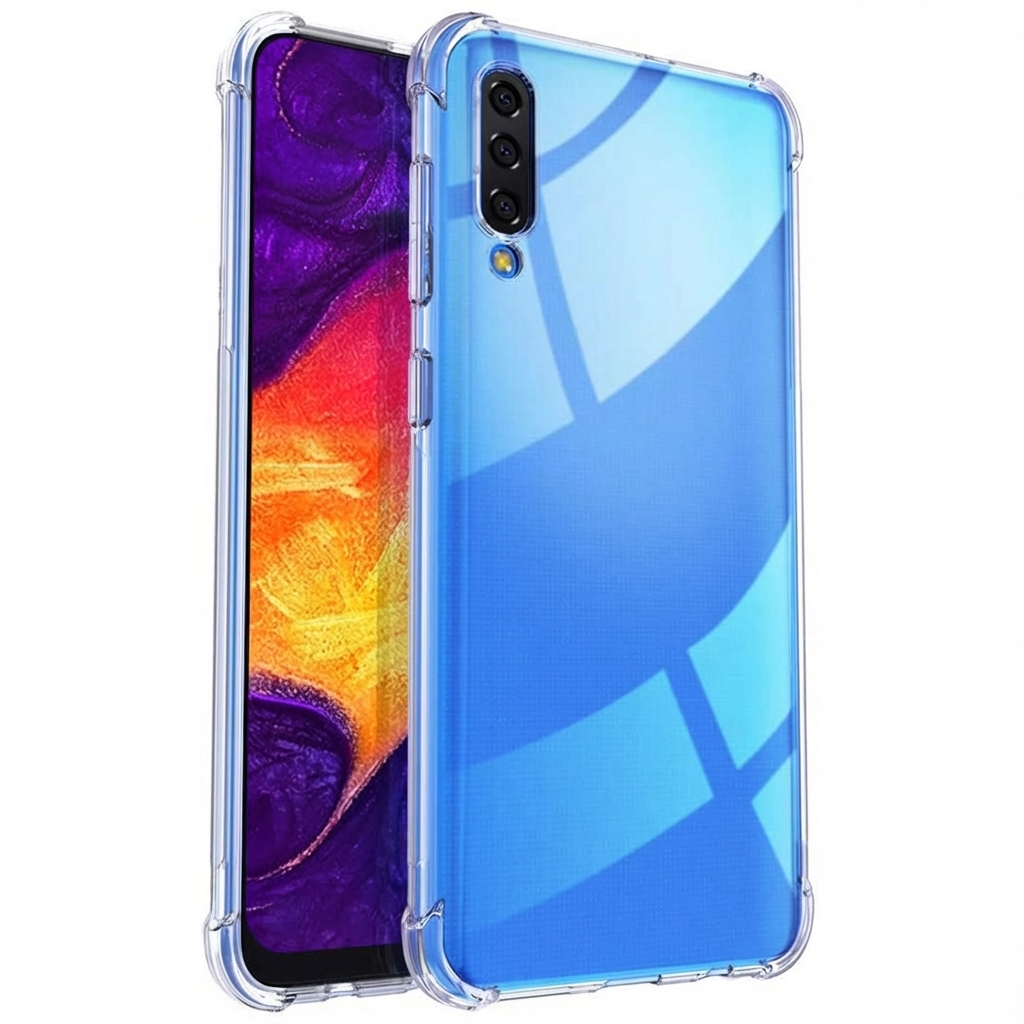 Een doorzichtige telefoonhoes beschermt een smartphone met kleurenscherm.