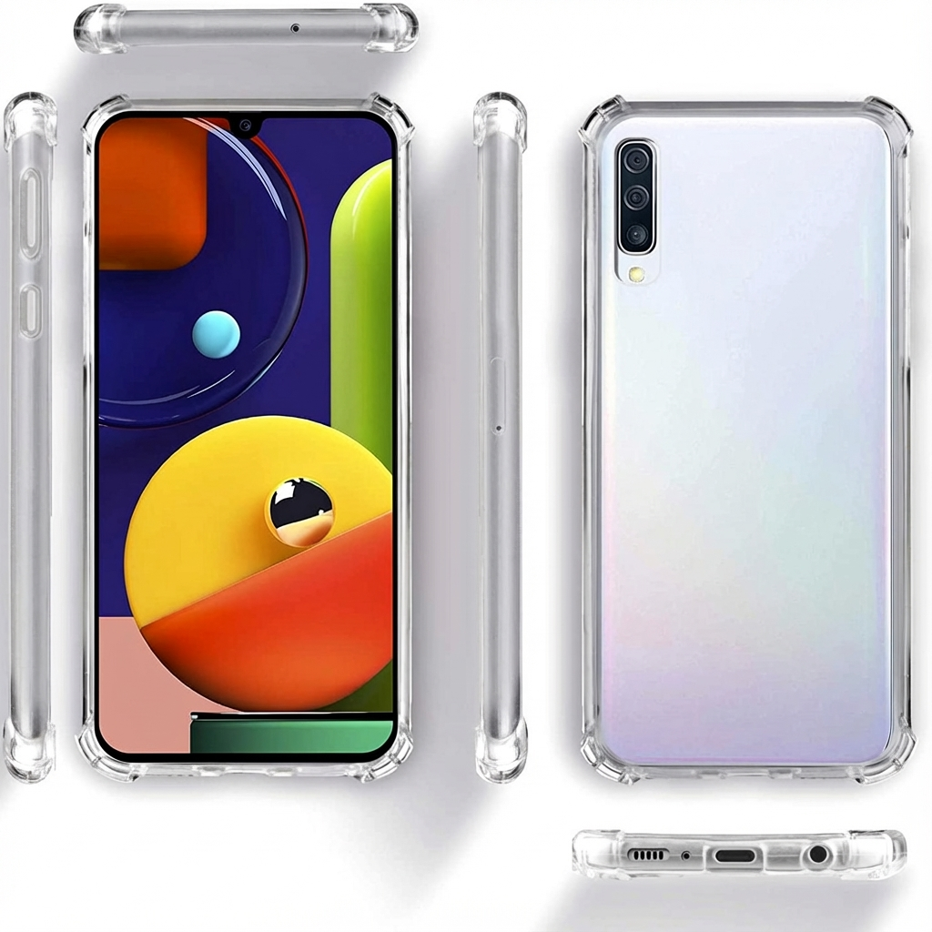 Transparante telefoonhoesje vanuit meerdere hoeken getoond, voor- en achterkant.