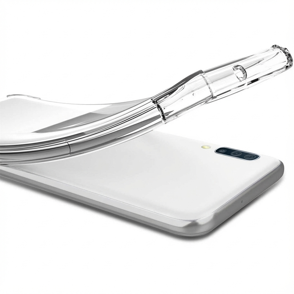 Een doorzichtige telefoonhoes ligt op een witte smartphone.