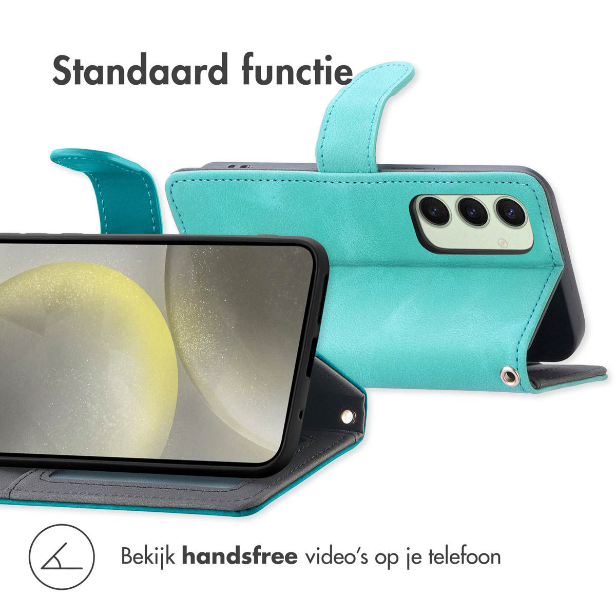 Étui de téléphone turquoise ouvert montrant le téléphone et la fonction support.