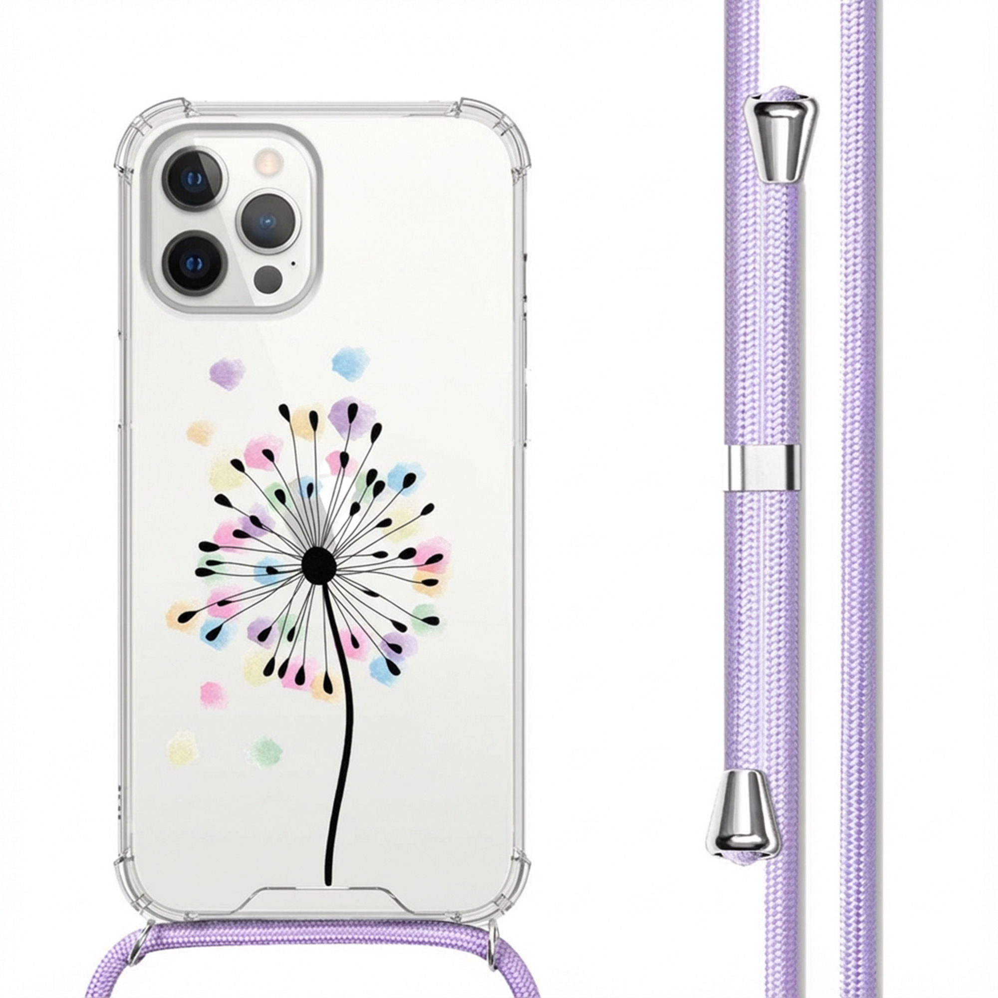 Coque de téléphone transparente avec cordon violet et motif pissenlit.