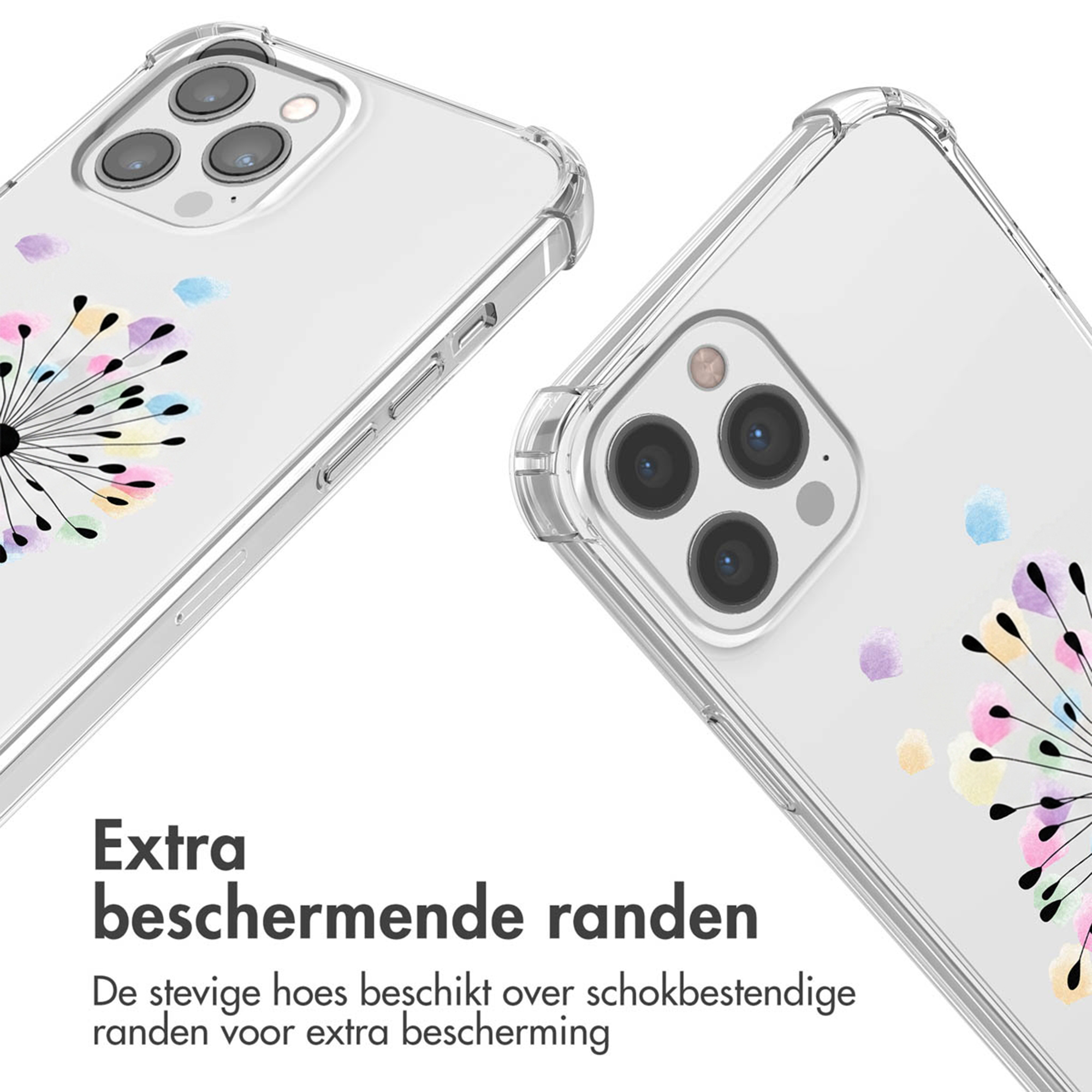 Coque de téléphone transparente avec motif pissenlit coloré et coins renforcés.