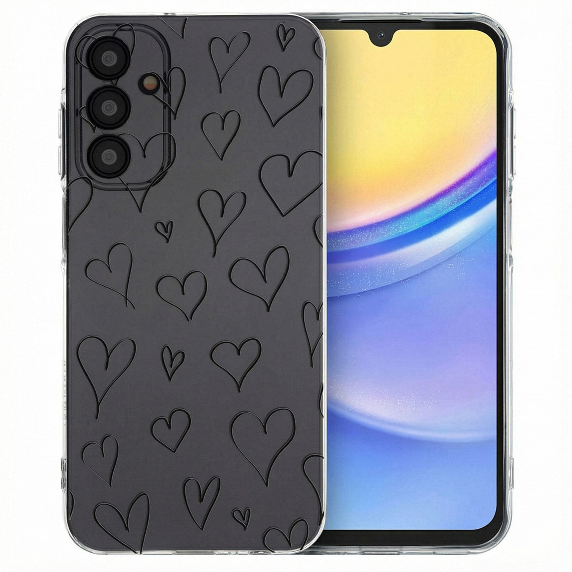 Zwarte telefoonhoes met hartjes op een smartphone met geel-blauwe achtergrond.