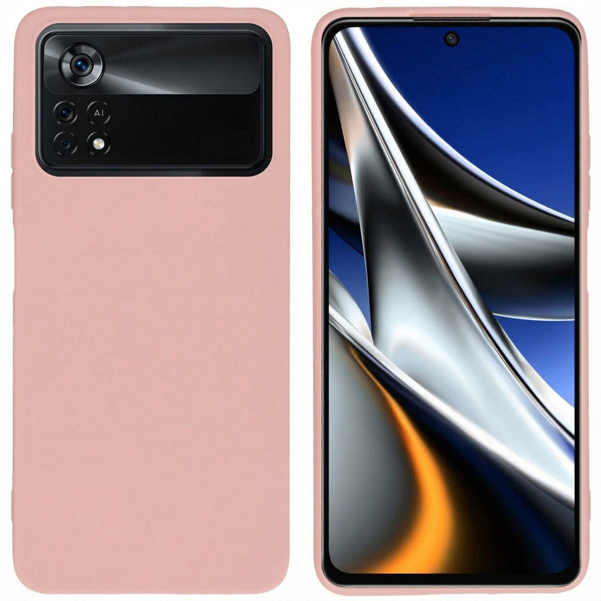 Roze telefoonhoesje met vier camera's en ingeschakeld scherm.