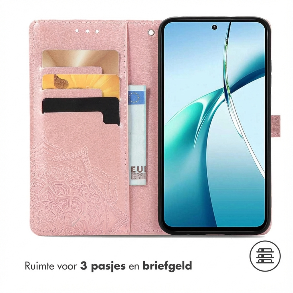 Un étui de téléphone rose avec des fentes pour cartes et une poche à billets, à côté d'un smartphone.
