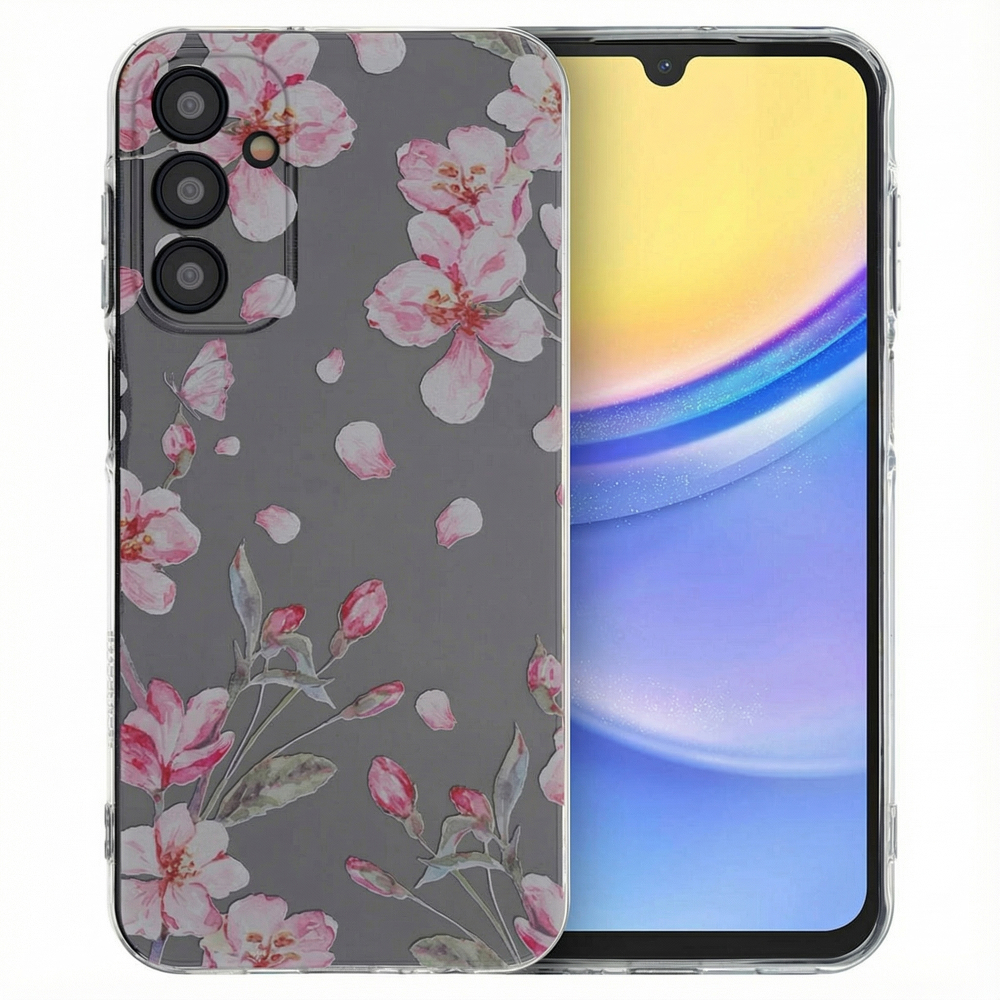 Een doorzichtige telefoonhoes met roze bloemen op een grijze achtergrond.