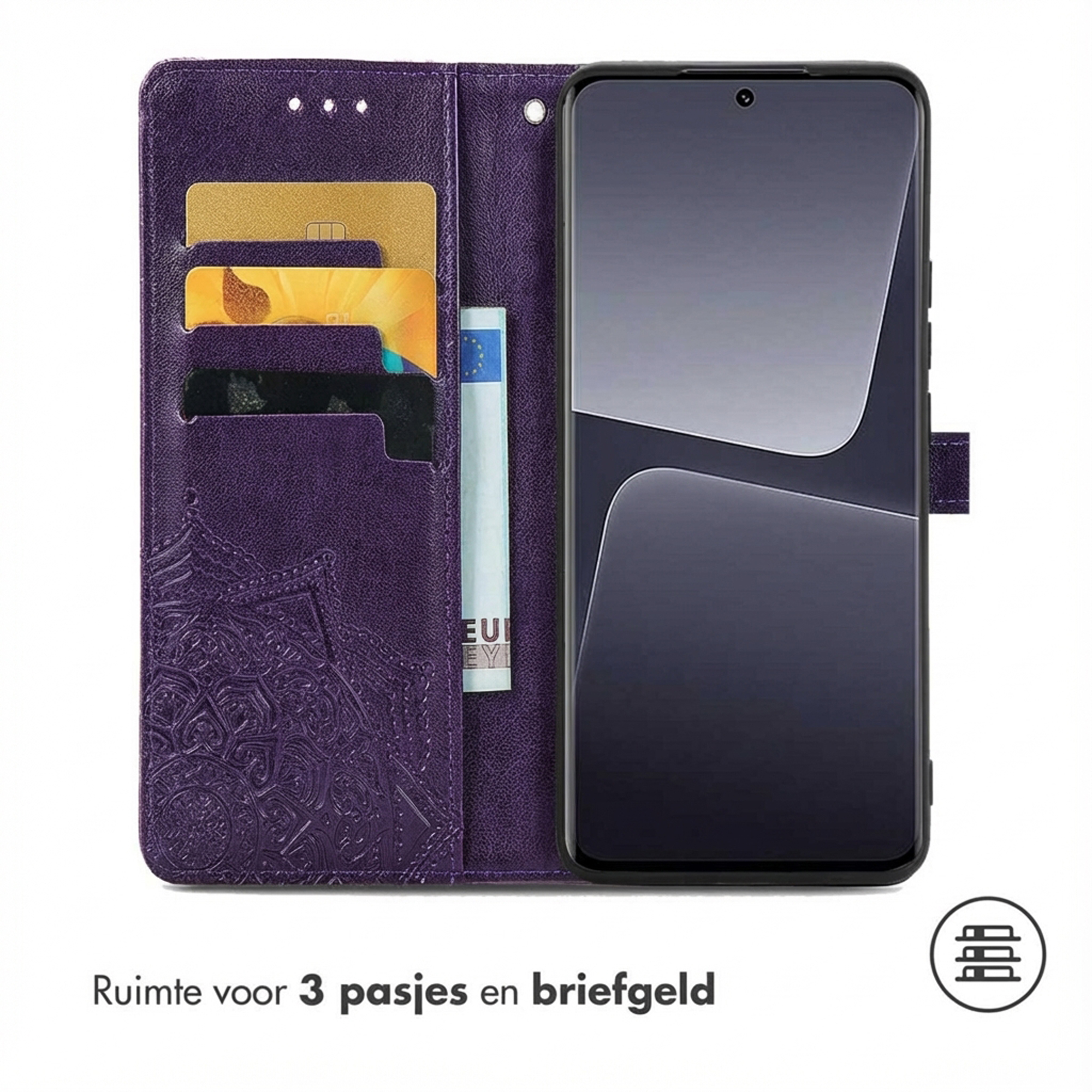 Étui de téléphone violet avec fentes pour cartes et compartiment à billets. Un smartphone est inséré.