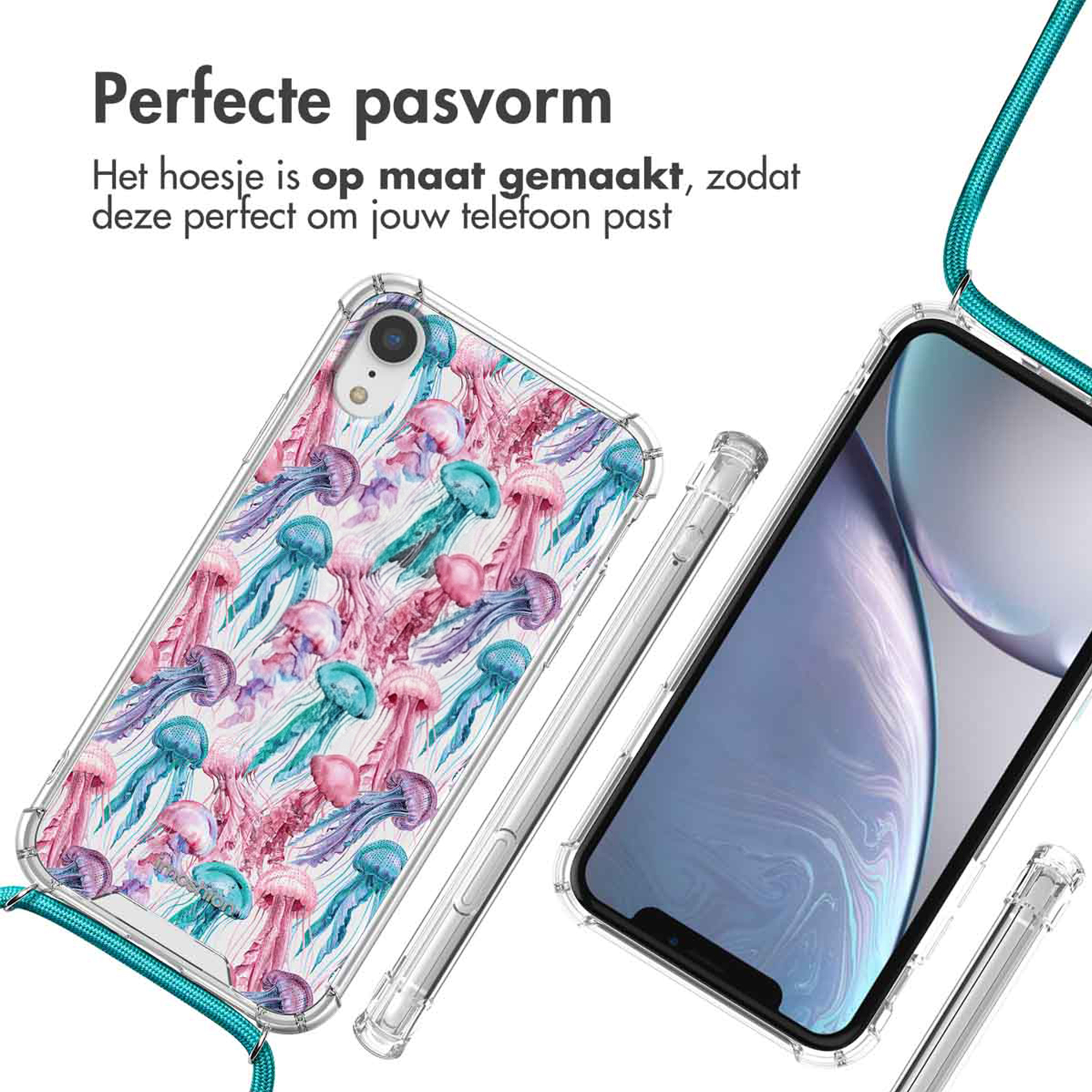 Transparante telefoonhoes met kwallenpatroon en turkoois koord.