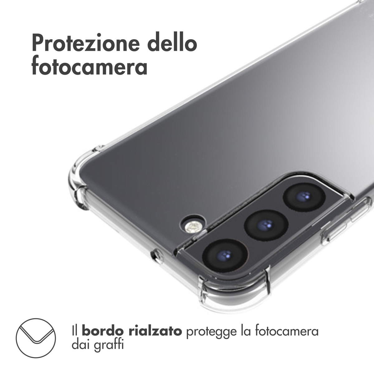 Doorzichtige telefoonhoes toont cameralenzen en verhoogde rand ter bescherming.
