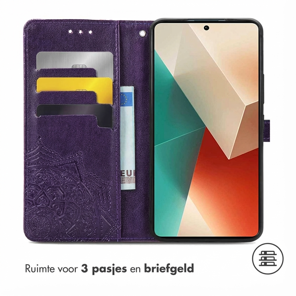 Étui portefeuille violet pour téléphone avec 3 fentes pour cartes et un emplacement pour argent. L'écran du téléphone affiche de l'art abstrait.