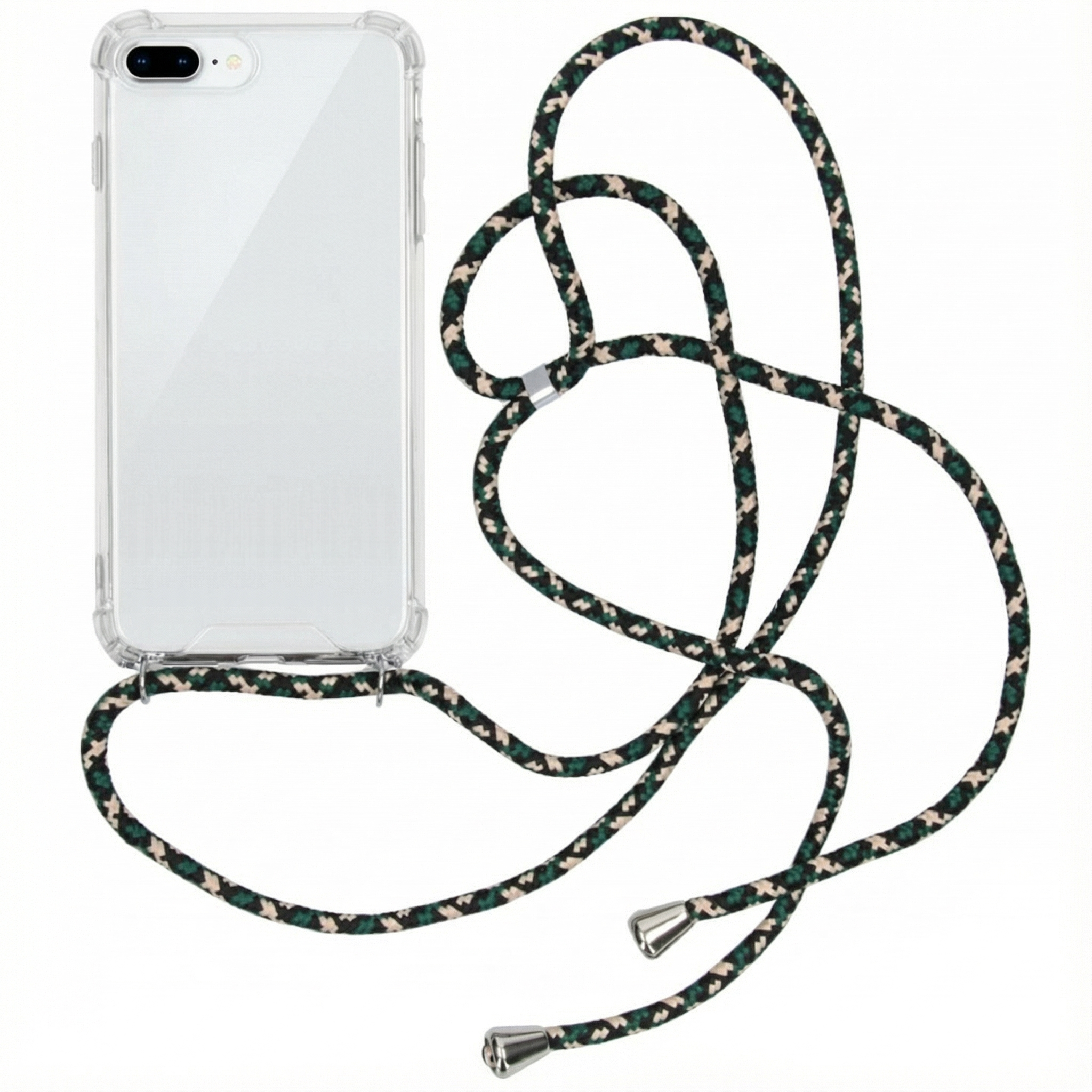 Een doorzichtige telefoonhoes met een camouflage-nekkoord op witte achtergrond.