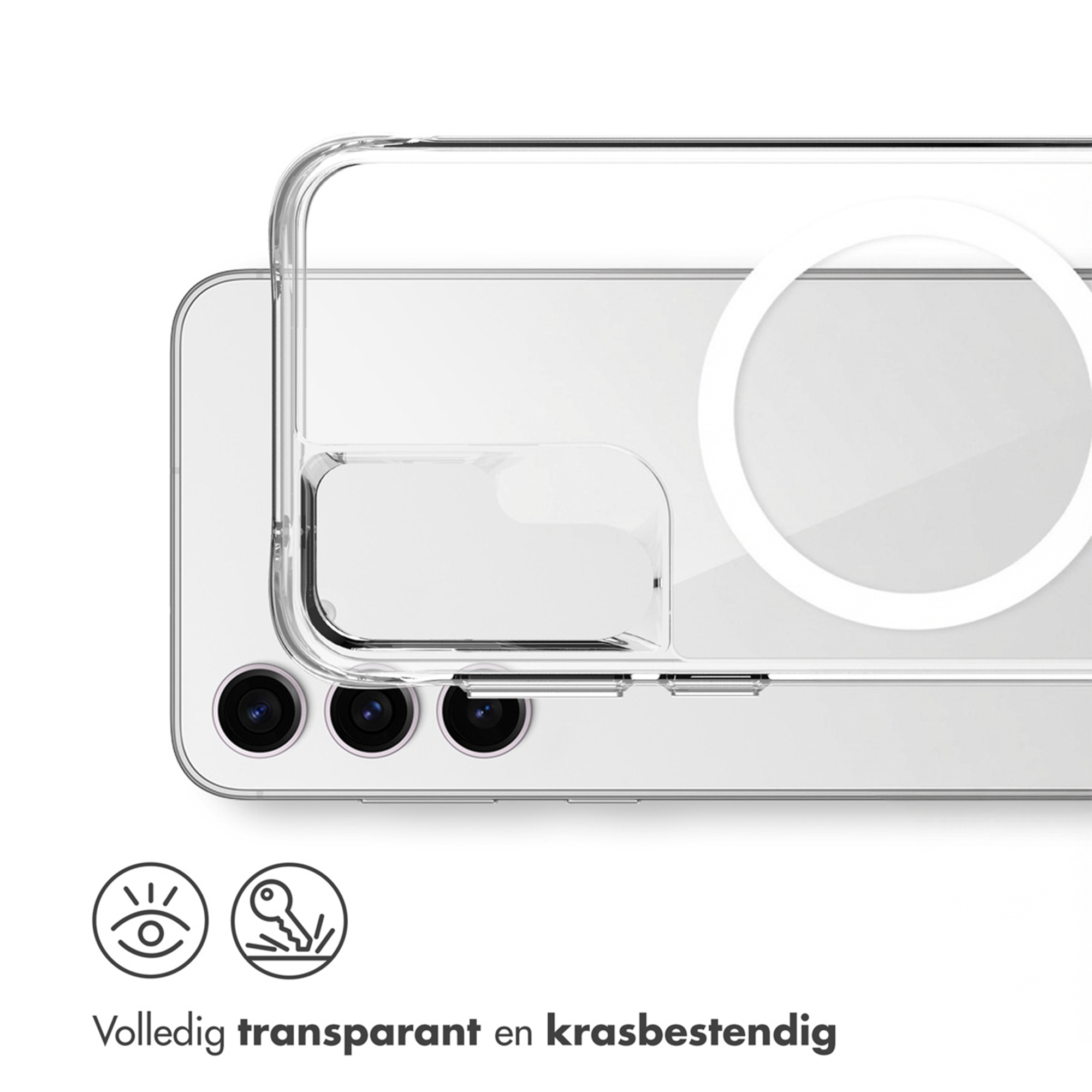 Custodia trasparente per telefono con fotocamere visibili e anello magnetico.