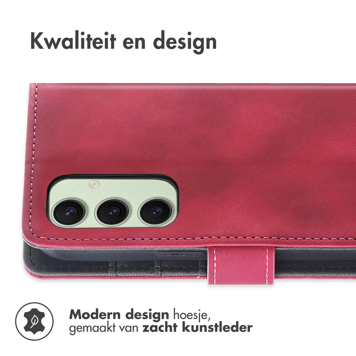 Étui de téléphone rouge en similicuir avec trois objectifs et texte.