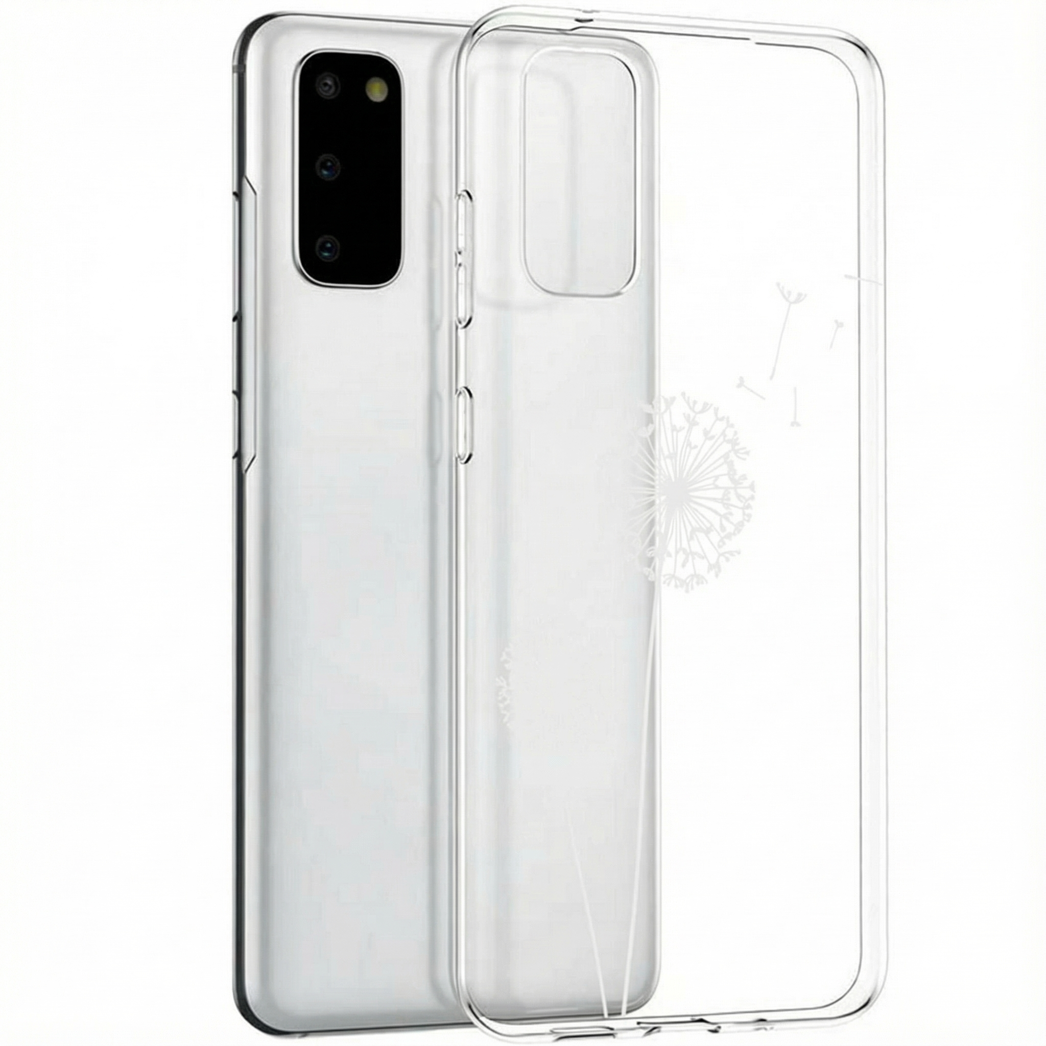 Een witte smartphone met drie camera's en een doorzichtige hoes met dandelion-ontwerp.