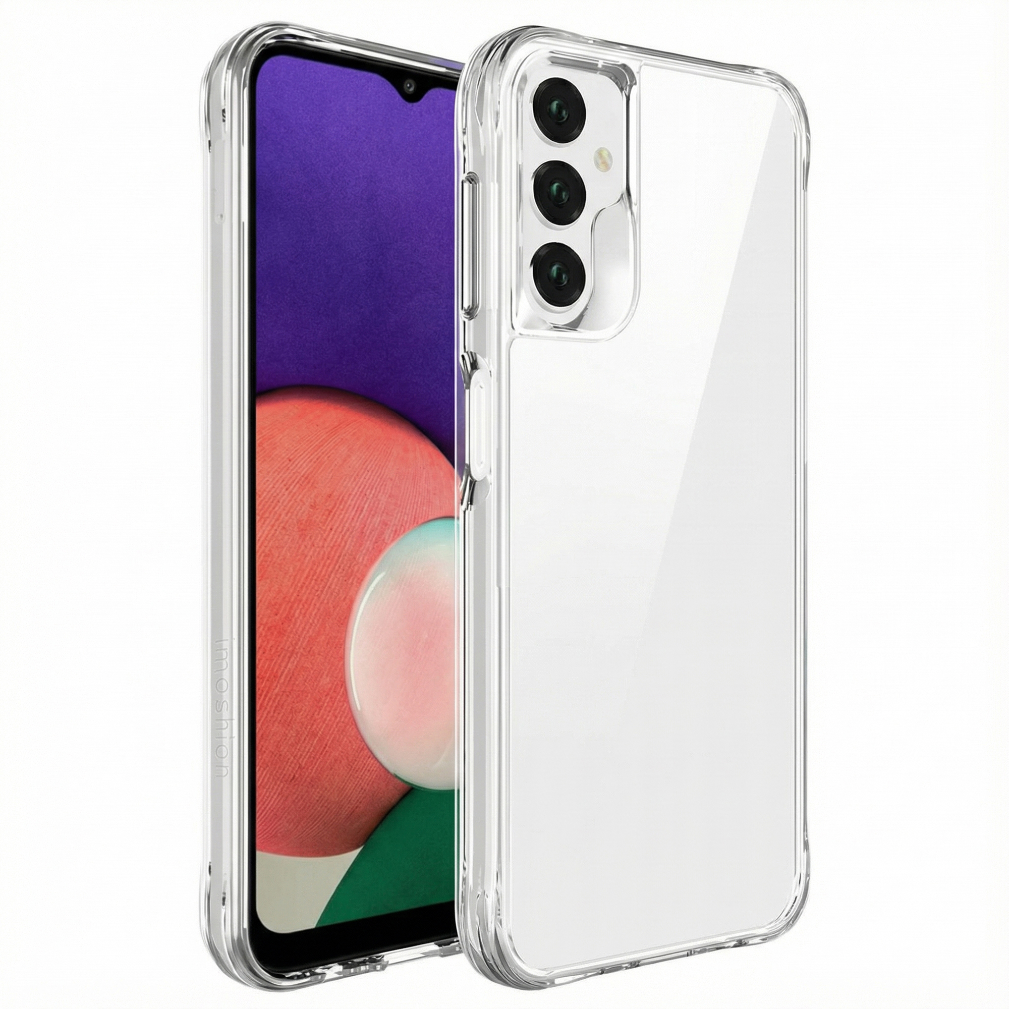 Een doorzichtige telefoonhoes toont een paars scherm en drievoudige camera. Witte achtergrond.