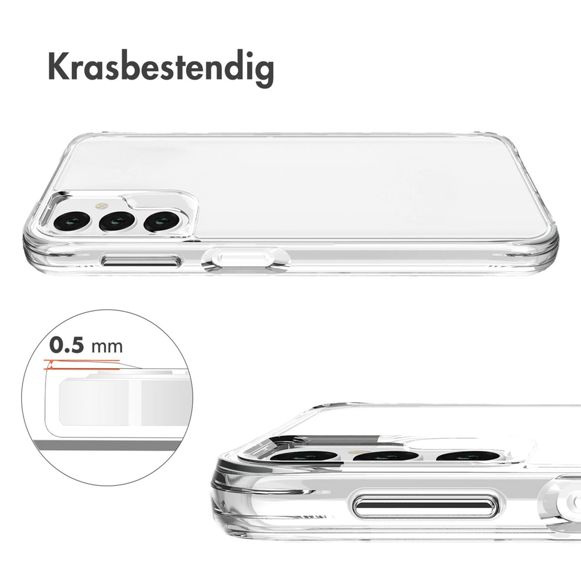 Doorzichtige telefoonhoes met camera-eiland detail en 0,5 mm dikte.