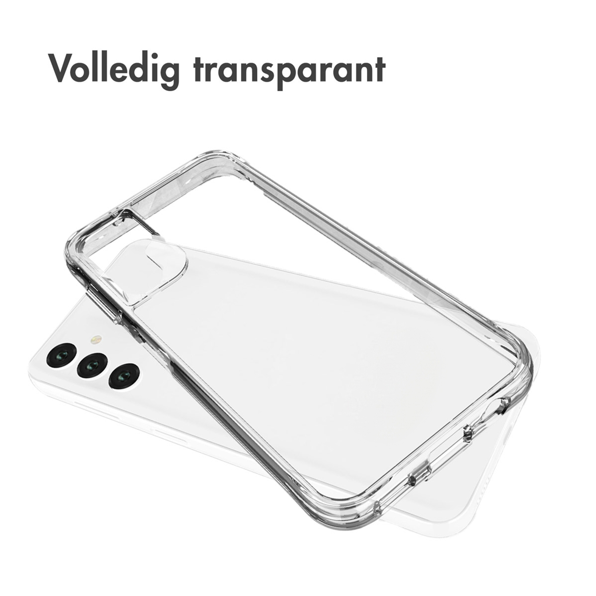 Een doorzichtige telefoonhoes ligt op een witte mobiele telefoon.