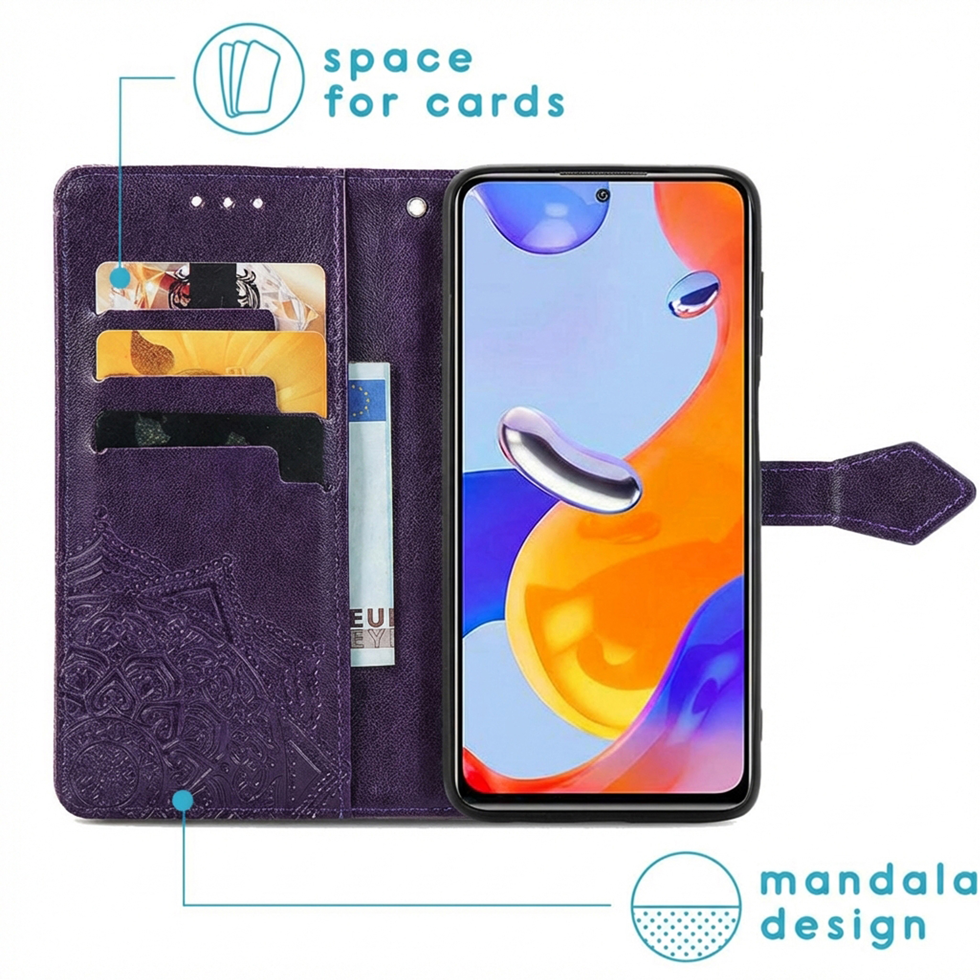 Étui violet pour téléphone avec emplacements pour cartes, design mandala et smartphone.