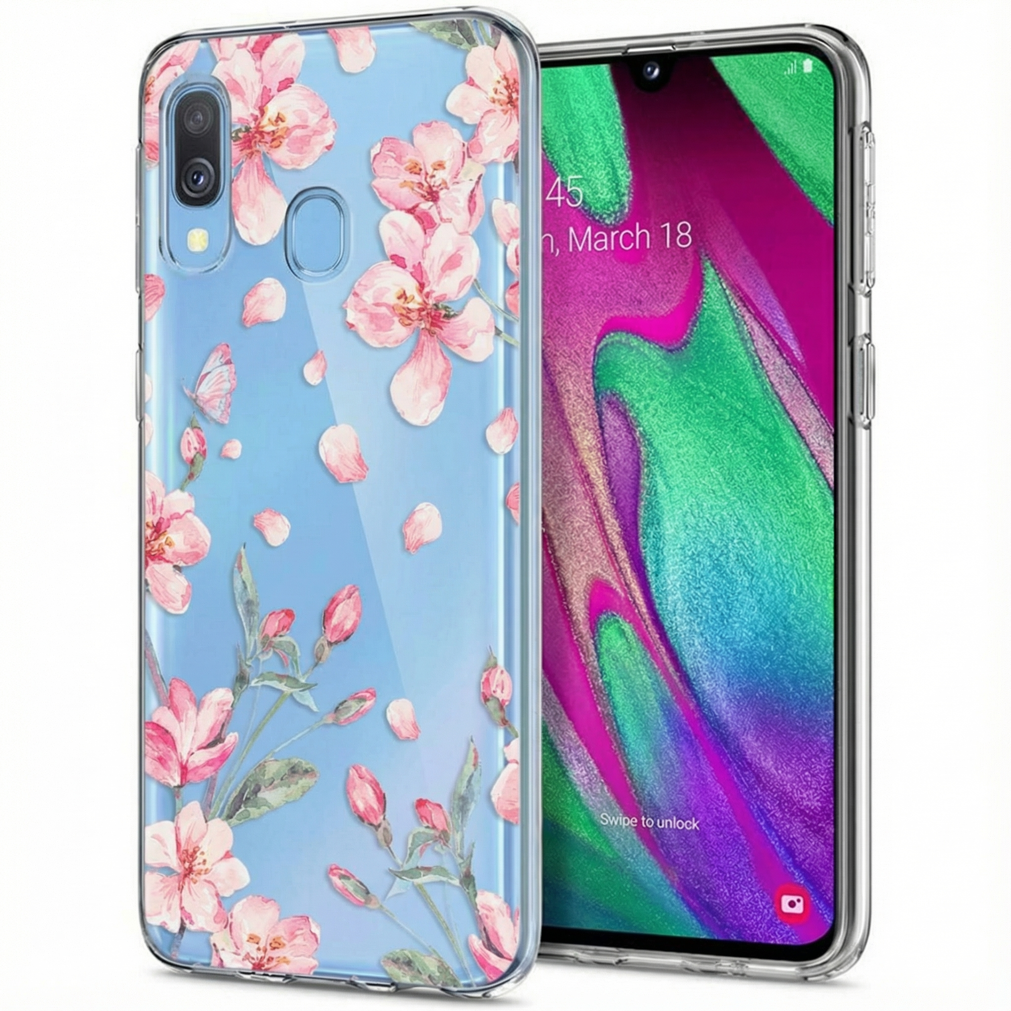 Transparente Hülle mit rosa Kirschblüten und Schmetterlingen auf einem blauen Hintergrund neben einem Smartphone.