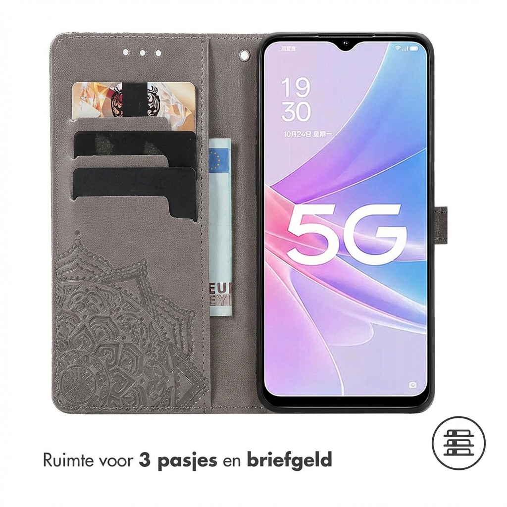 Grijze telefoon flipcase met kaartsleuven, 5G-symbool op scherm.