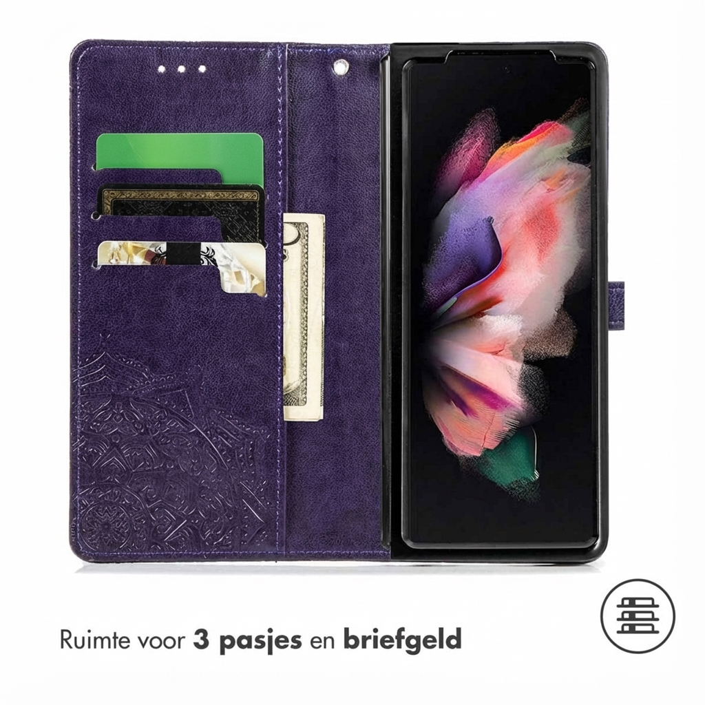 Étui violet pour téléphone avec fentes pour cartes et poche à billets.