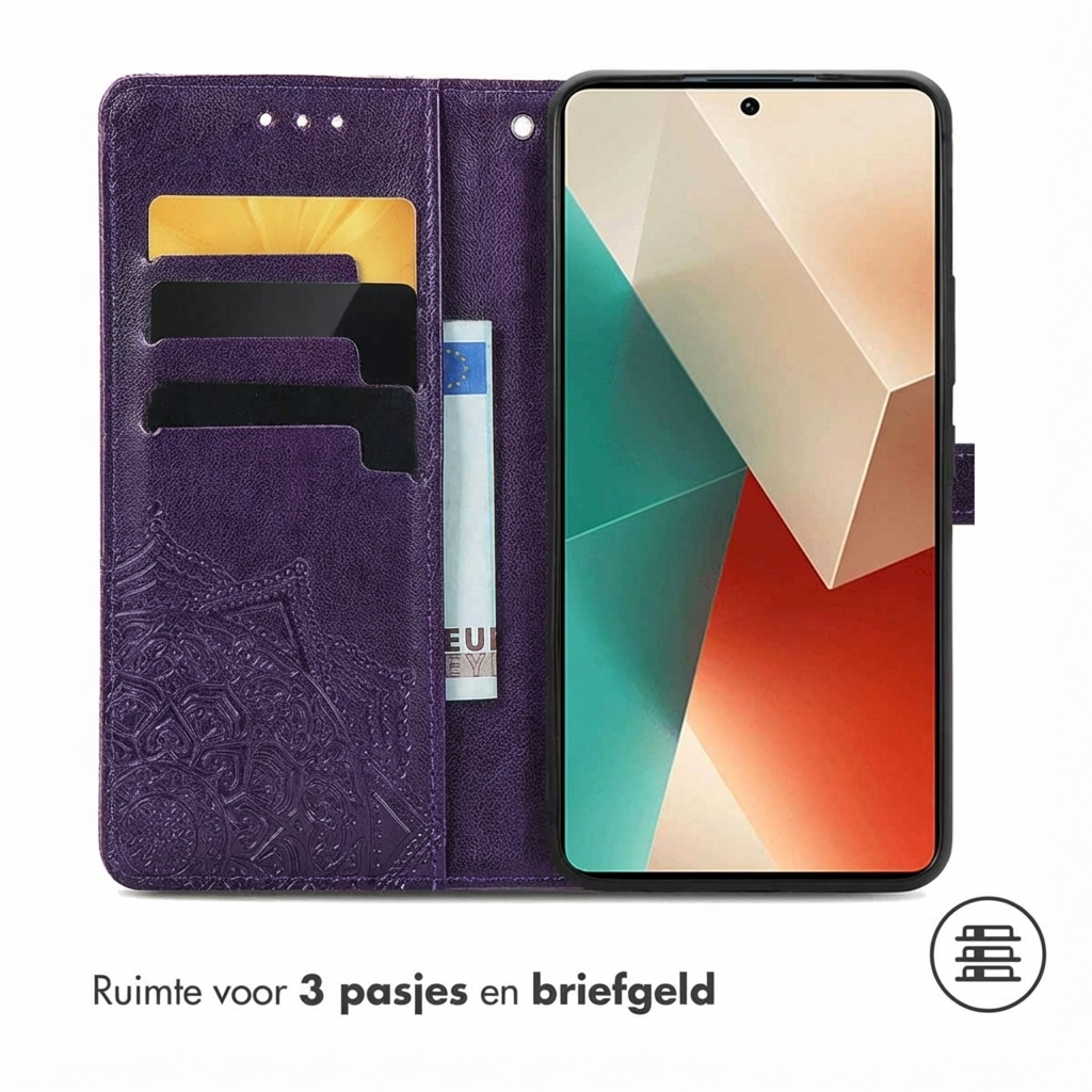 Paarse telefoonhoes met kaarthouders en geldvak.