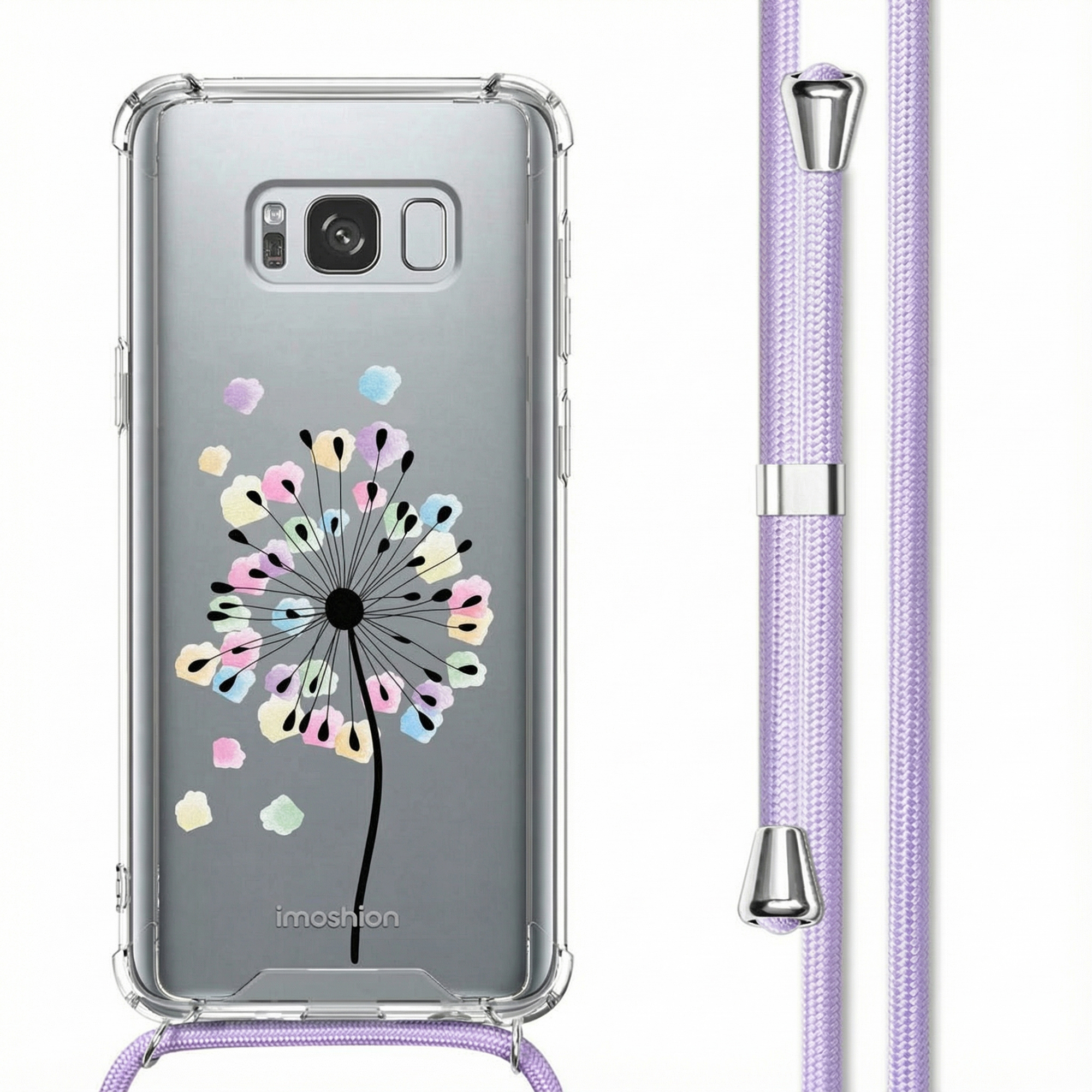 Coque de téléphone transparente avec cordon violet, décorée d'un motif pissenlit coloré.