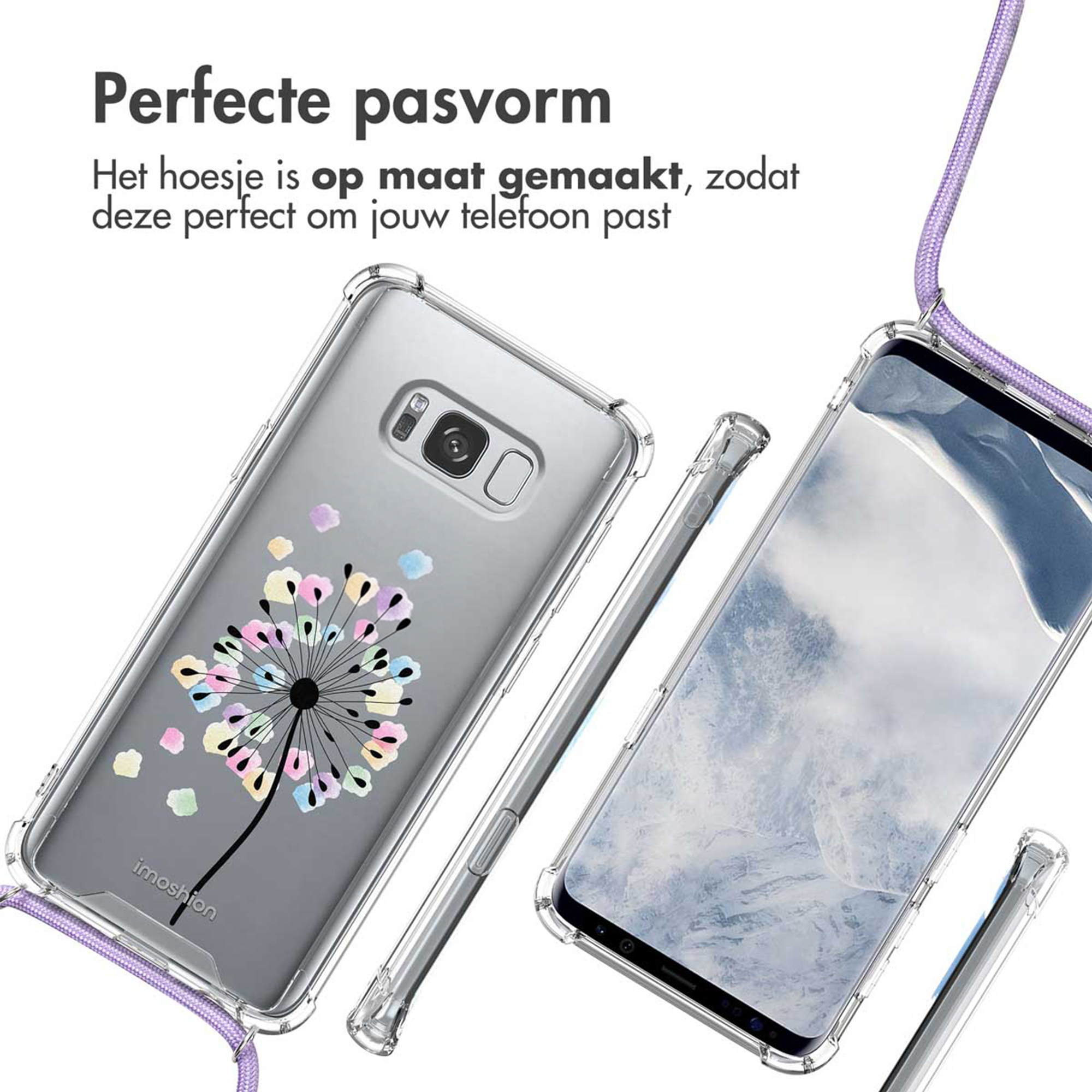 Coque de téléphone transparente avec lanière, motif pissenlit au dos.