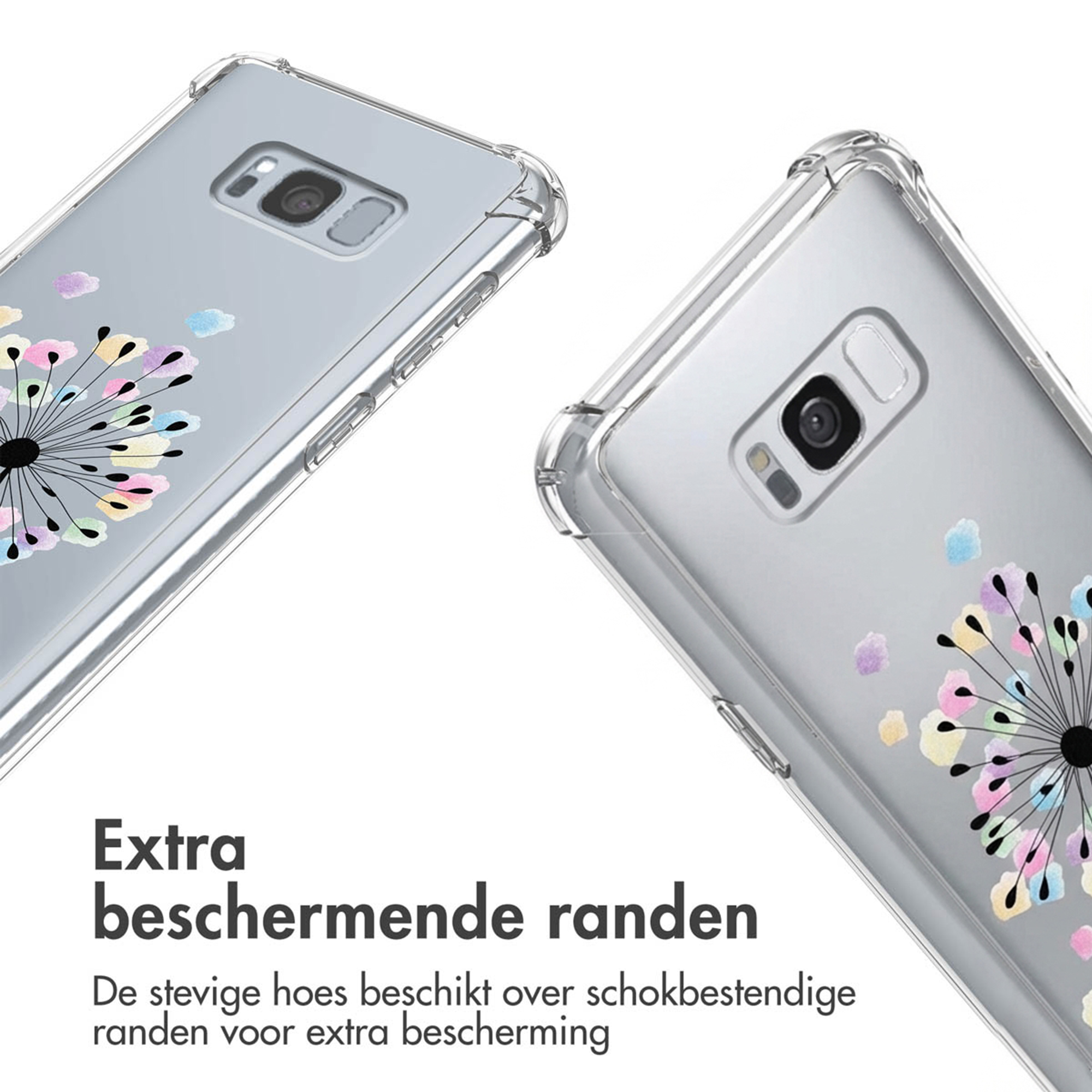 Coque de téléphone transparente avec détails de pissenlit colorés et coins renforcés.