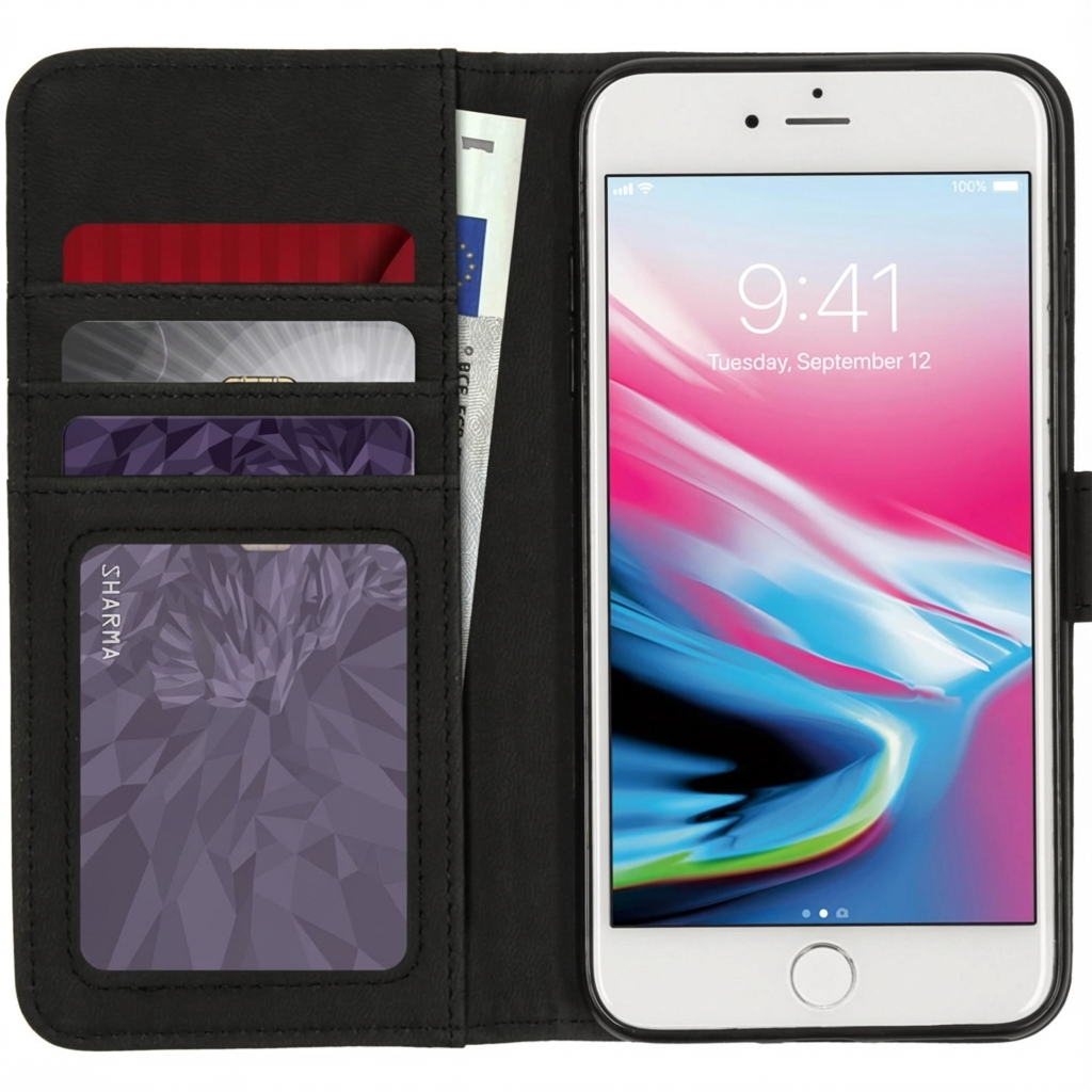 Zwarte portemonneehoes met iPhone, kaarten en contant geld. Telefoon toont 9:41, 12 sep.