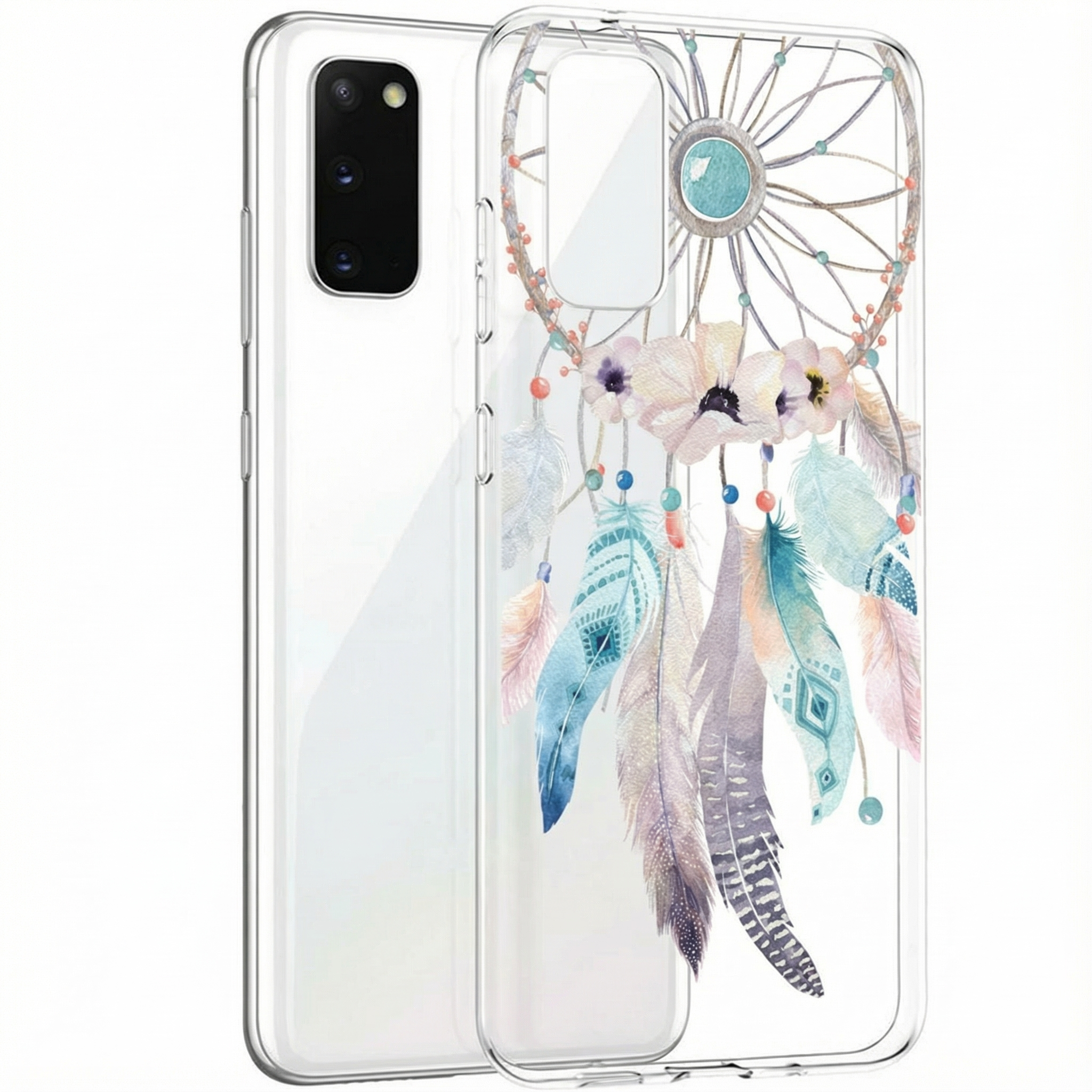 Doorzichtige telefoonhoes met dromenvanger, veren en bloemen design.