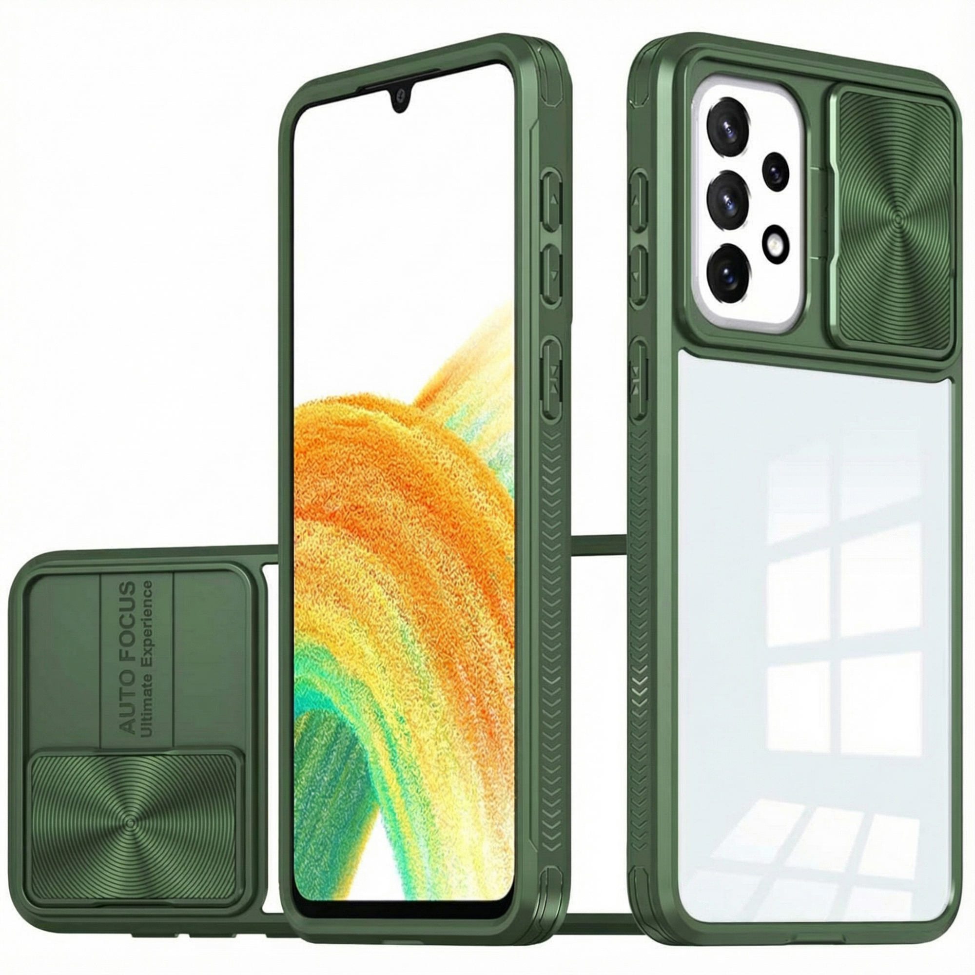 Coque de téléphone verte avec cache coulissant pour appareil photo et dos transparent.