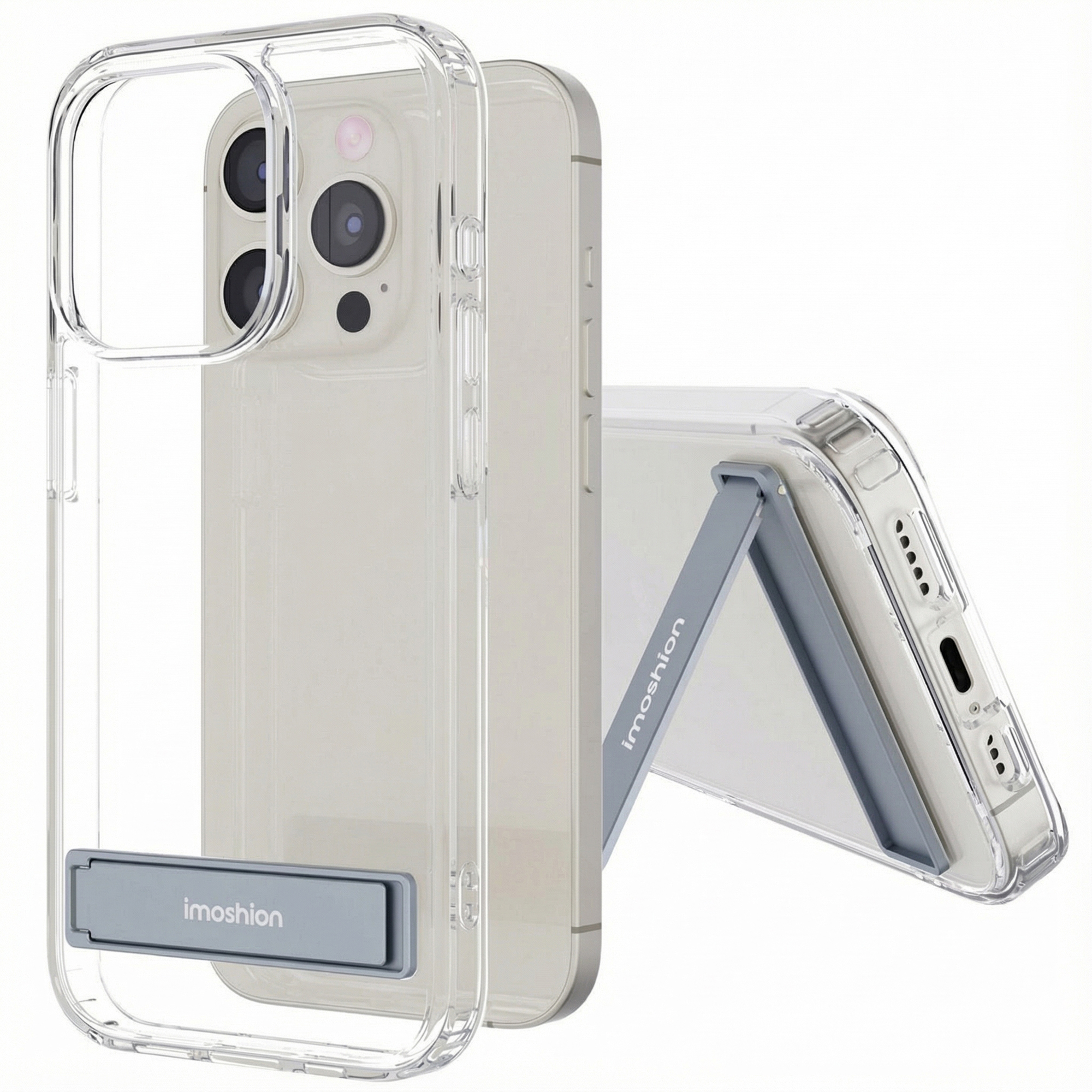 Transparante telefoonhoes met ingebouwde standaard, voor iPhones.