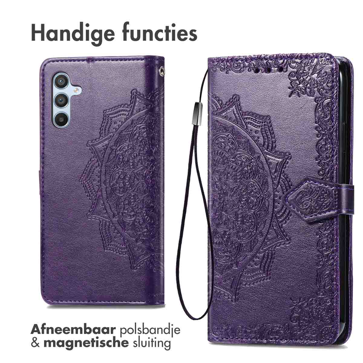 Lila Handyhülle mit Mandala-Prägung, abnehmbarem Armband und Magnetverschluss.