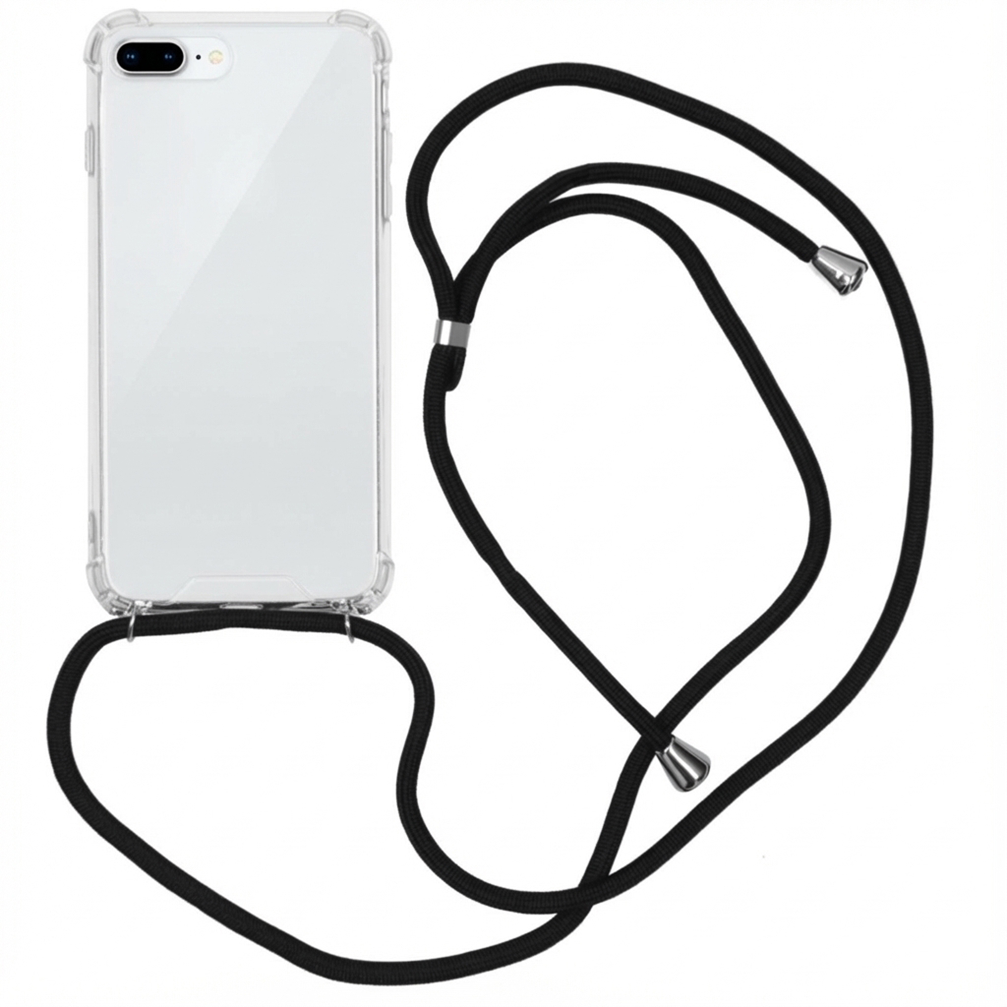 Transparante telefoonhoes met zwart koord aan de onderkant.