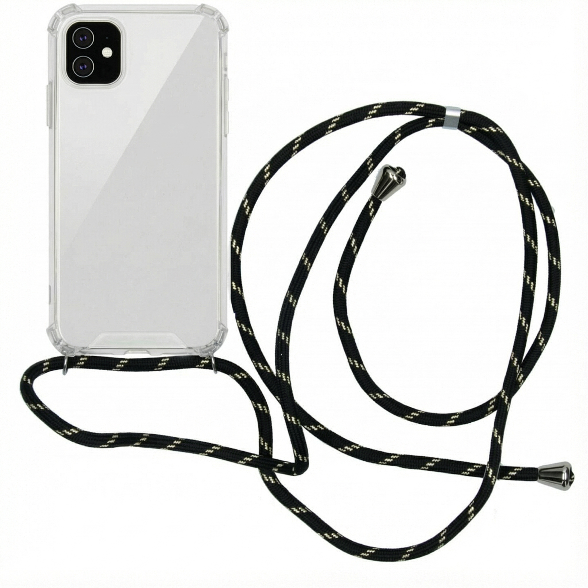 Coque de téléphone transparente avec cordon noir à motif blanc et embouts métalliques.