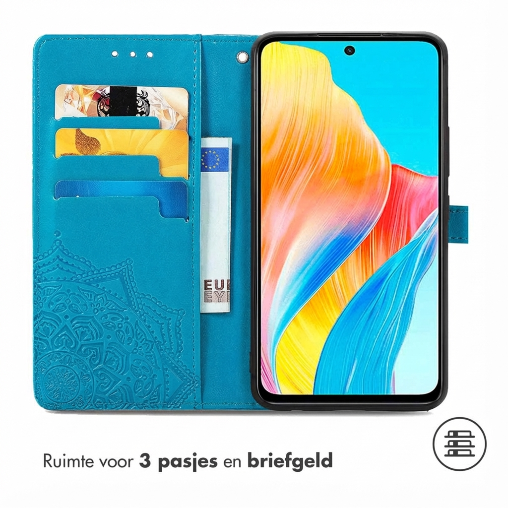 Étui de téléphone turquoise avec fentes pour cartes et billet.