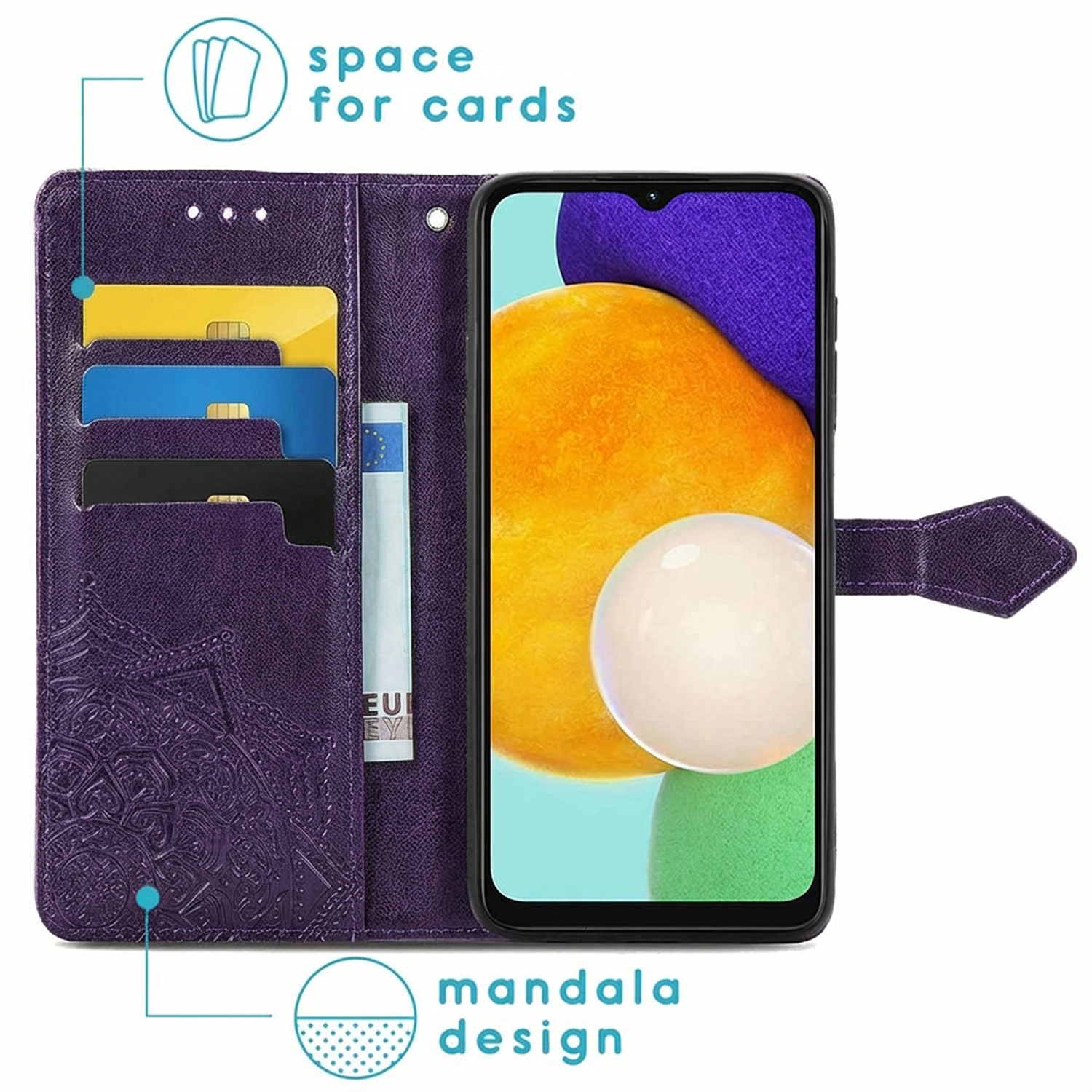 Paarse telefoonhoes met kaartsleuven en mandala-ontwerp. Toont een eurobiljet.