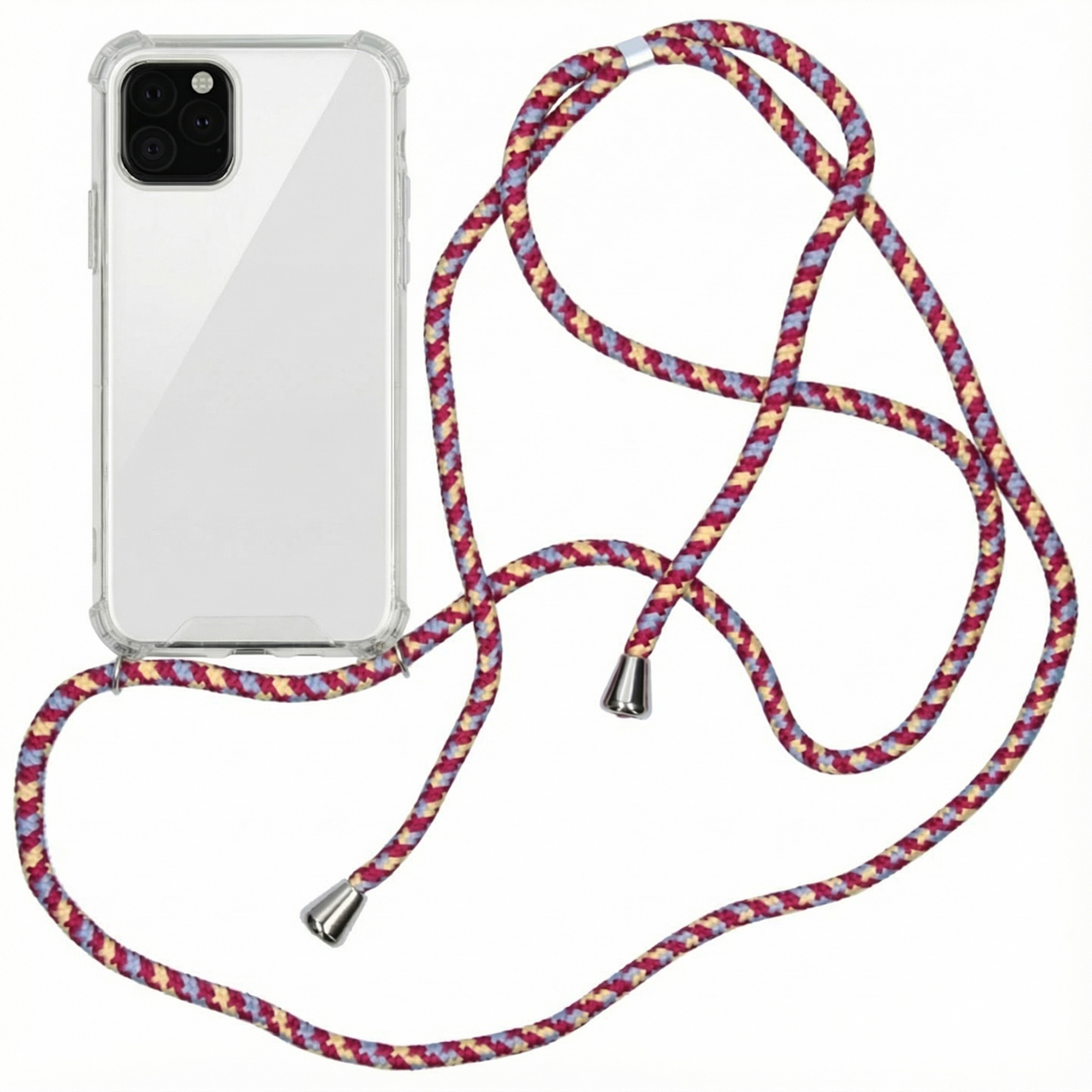 Een doorzichtige telefoonhoes met een gekleurd gevlochten koord eraan vast.