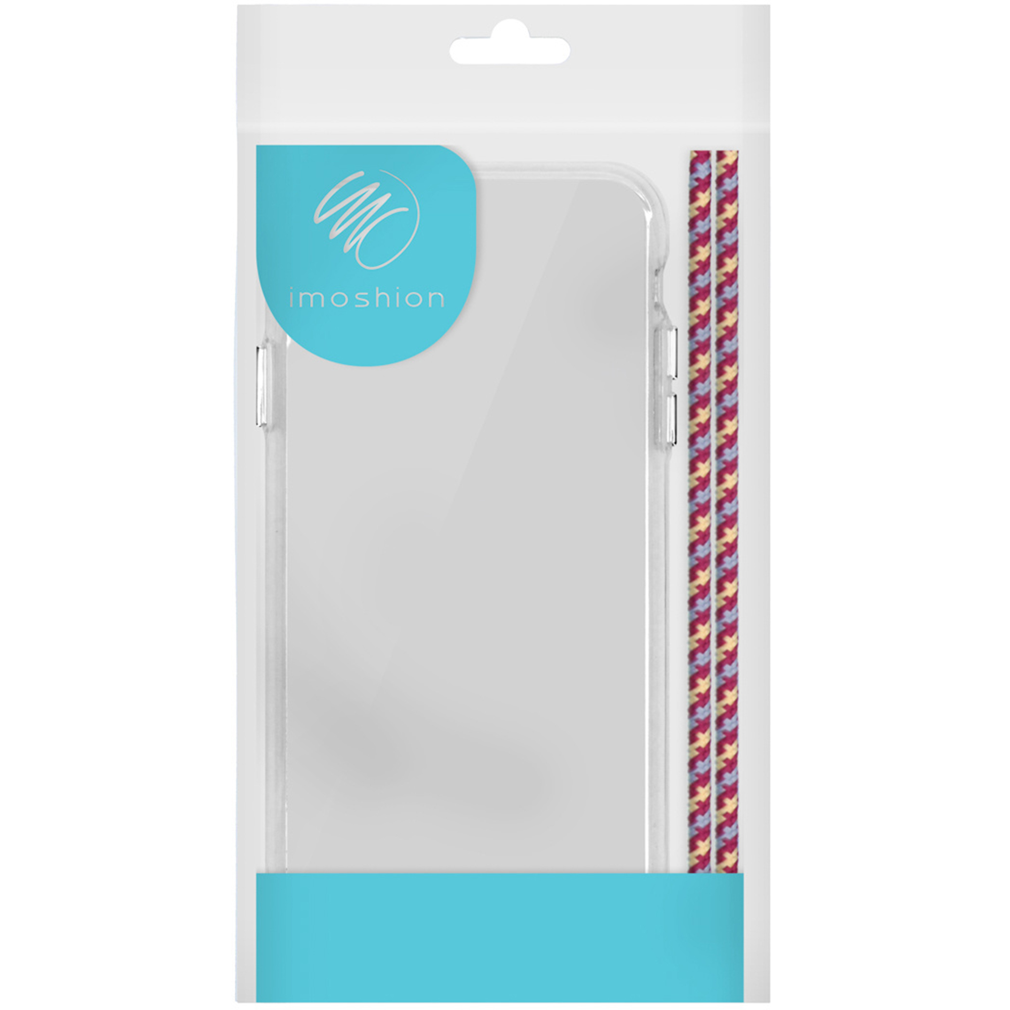 Verpakking voor doorzichtige telefoonhoes met blauw logo en patroonband.