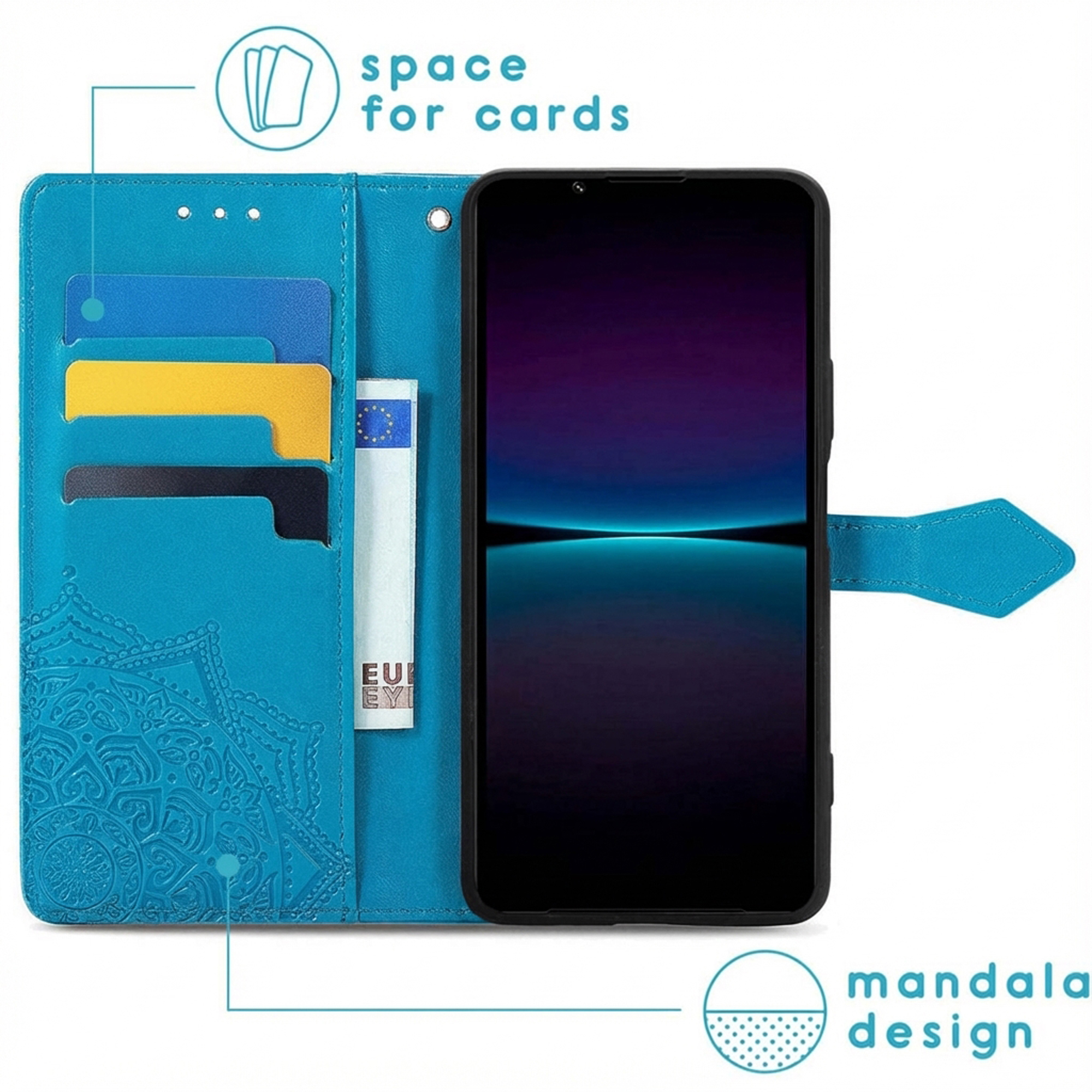 Étui de téléphone turquoise avec fentes pour cartes, motif mandala et smartphone.