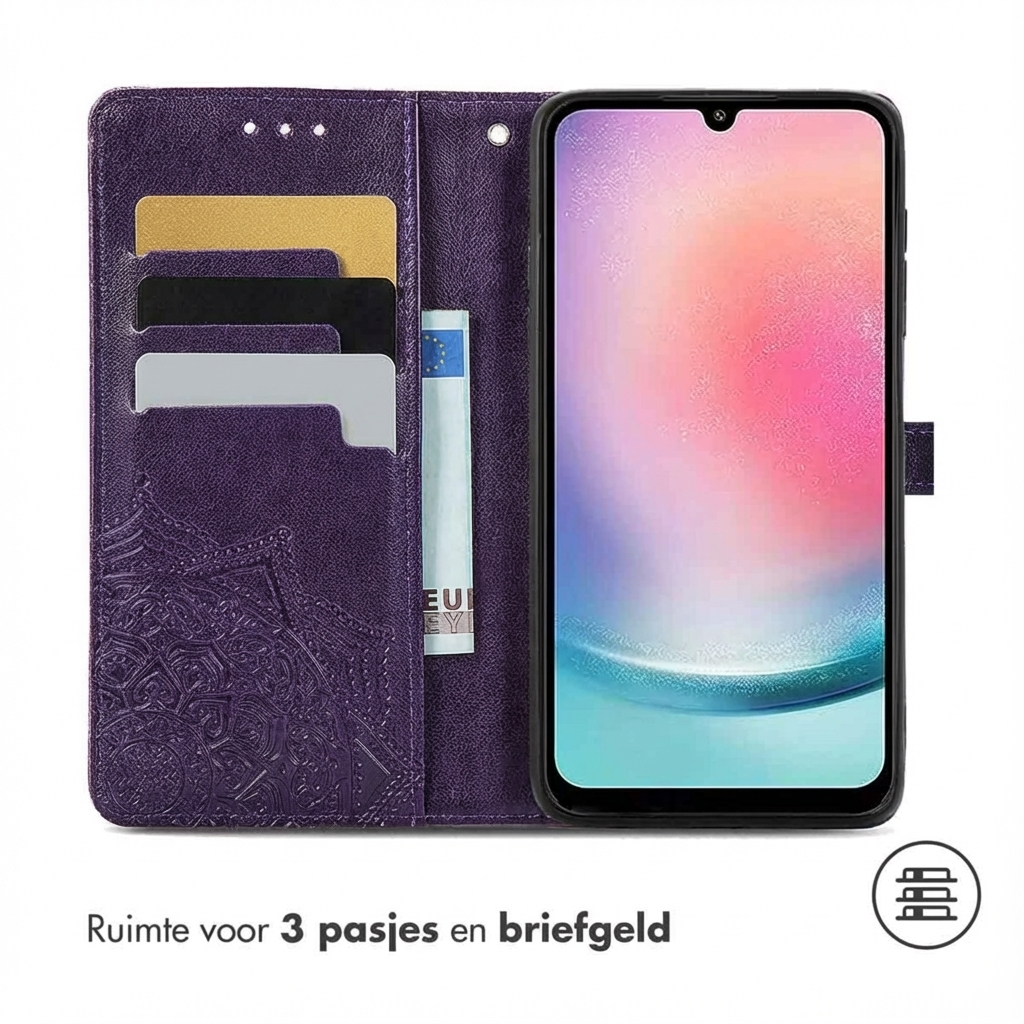 Paarse telefoonhoes met kaartsleuven en geldvak, toont een smartphone.