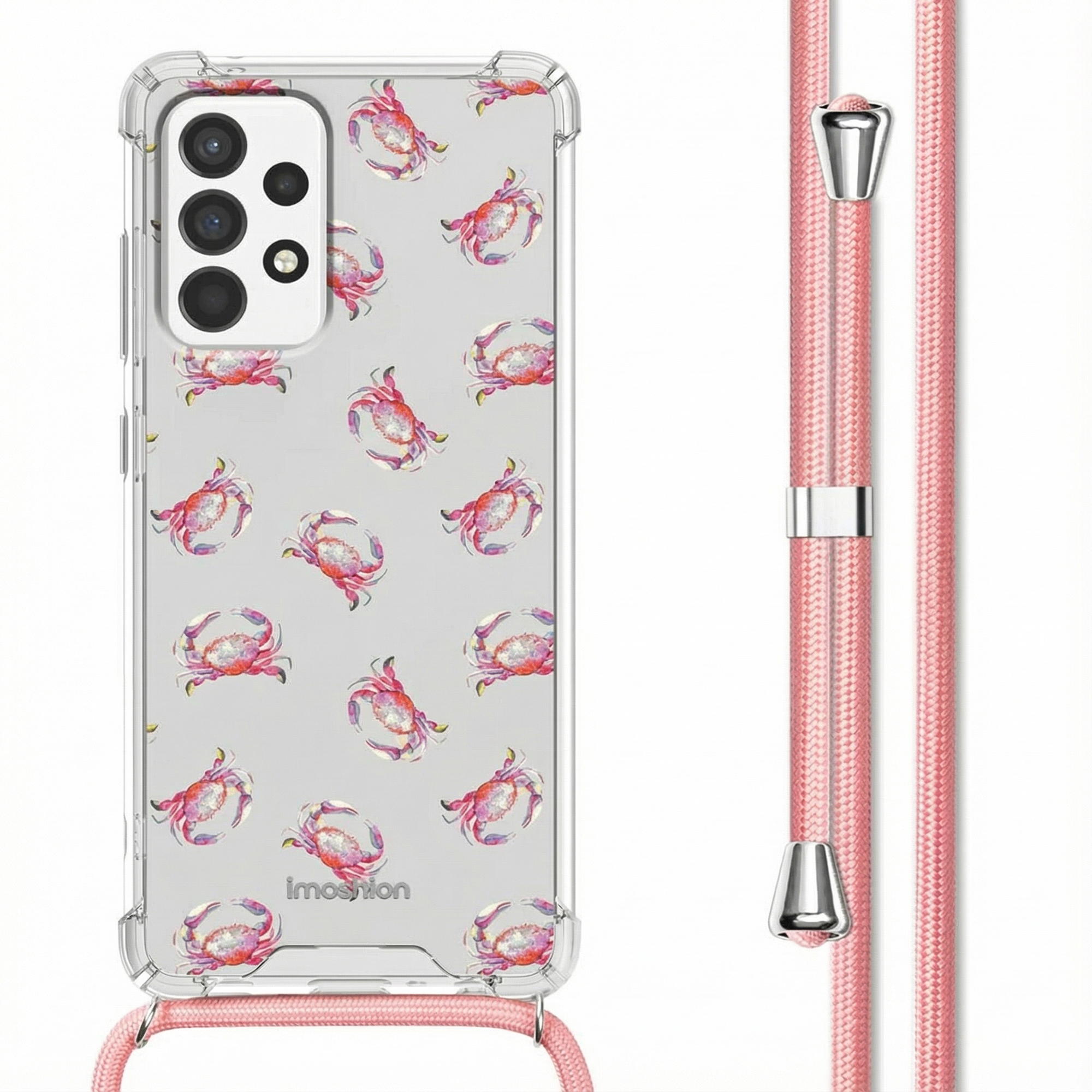 Coque de téléphone transparente motif crabe rouge, cordon rose.