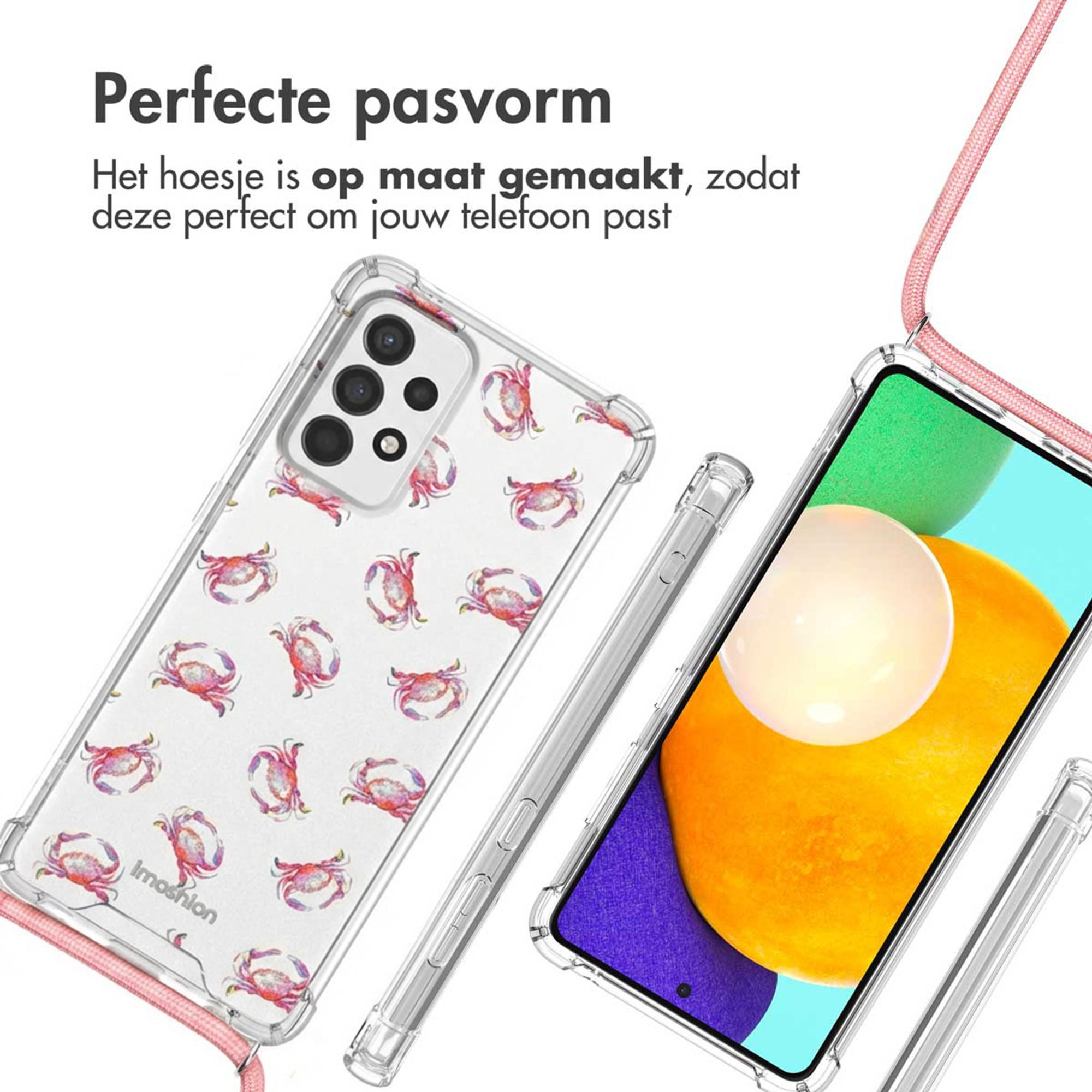 Coque de téléphone transparente avec motif crabe et lanière rose.